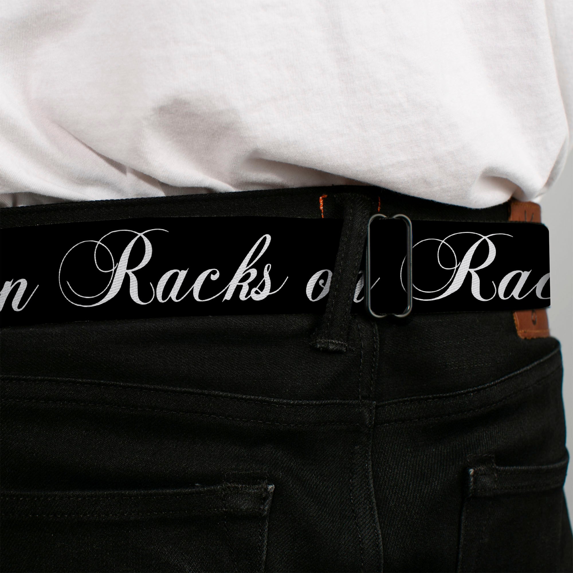 BD Wings Logo CLOSE-UP Full Color Black Silver Seatbelt Belt - RACKS ON RACKS Black/White Webbing Seatbelt Belts Buckle-Down