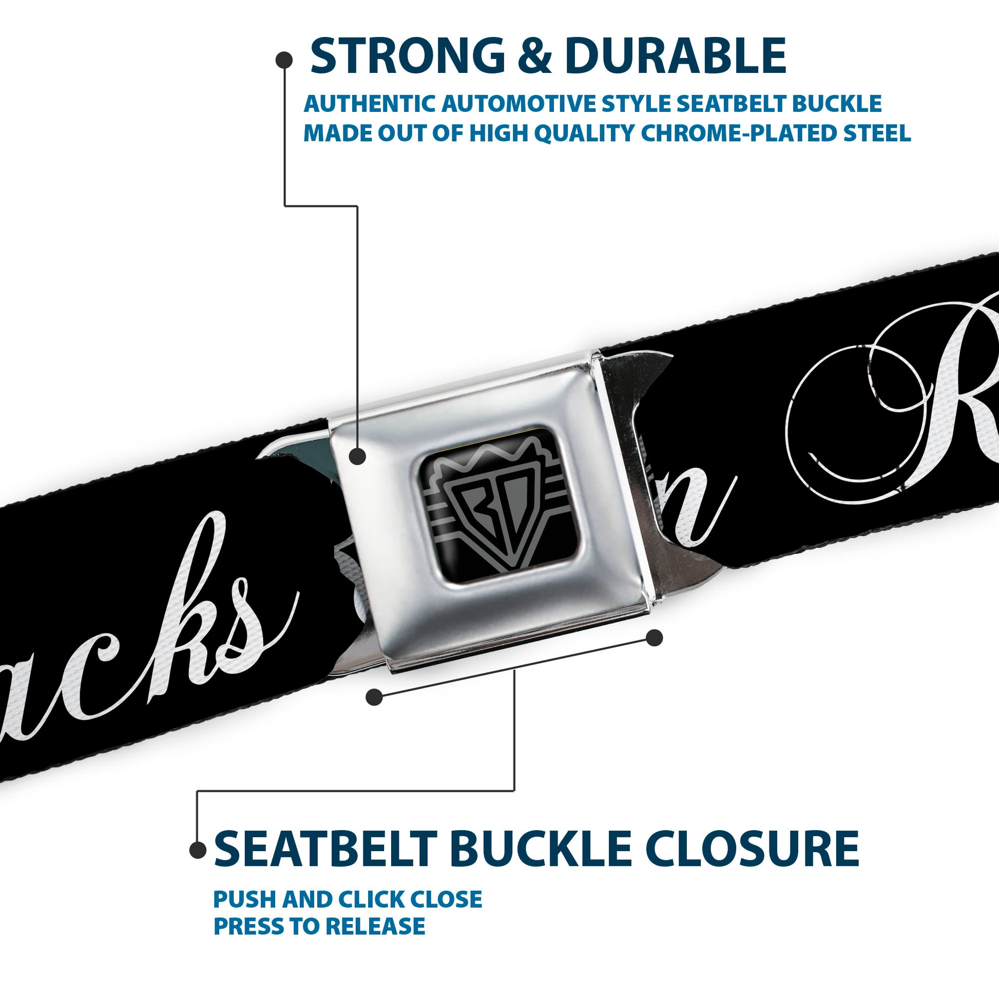BD Wings Logo CLOSE-UP Full Color Black Silver Seatbelt Belt - RACKS ON RACKS Black/White Webbing Seatbelt Belts Buckle-Down