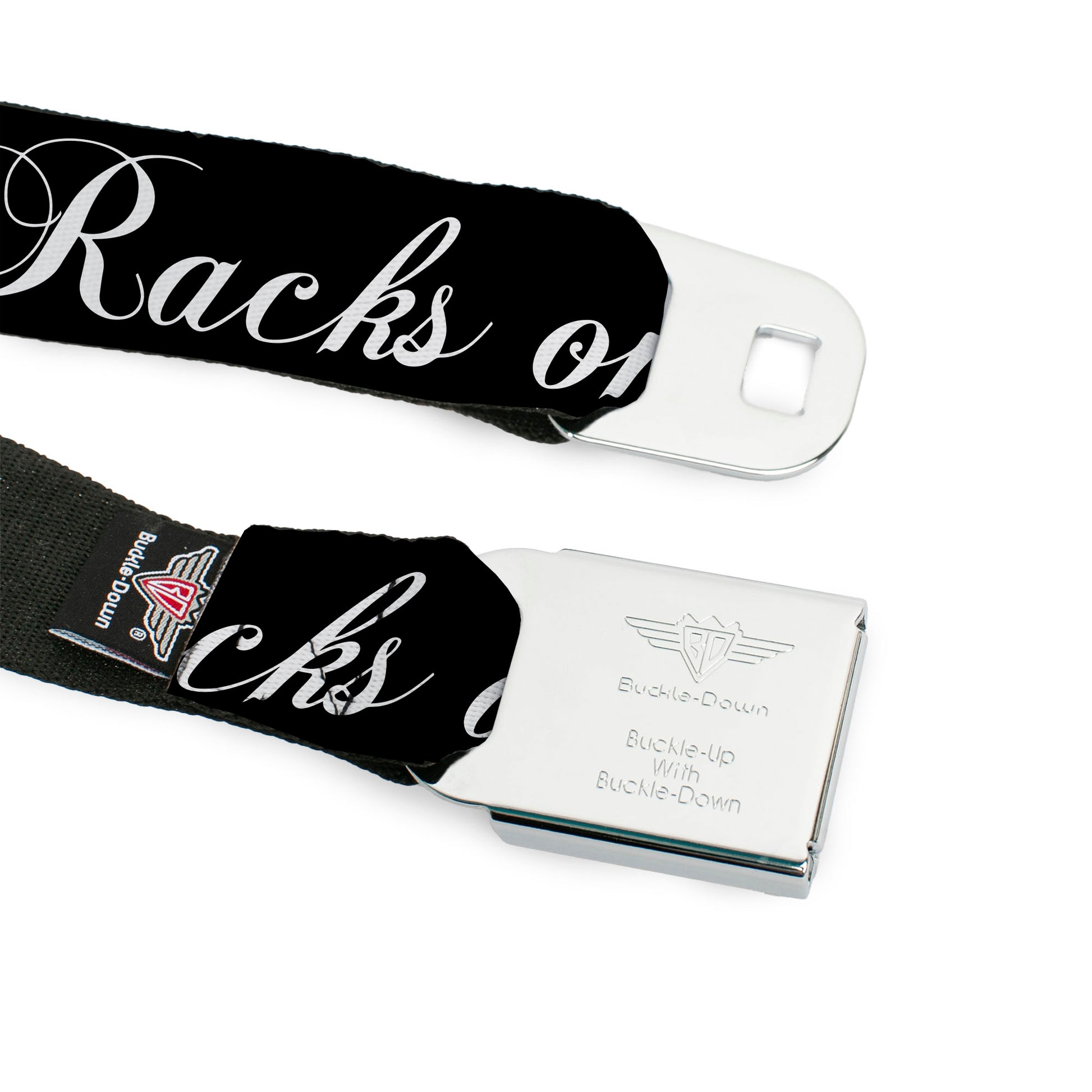 BD Wings Logo CLOSE-UP Full Color Black Silver Seatbelt Belt - RACKS ON RACKS Black/White Webbing Seatbelt Belts Buckle-Down