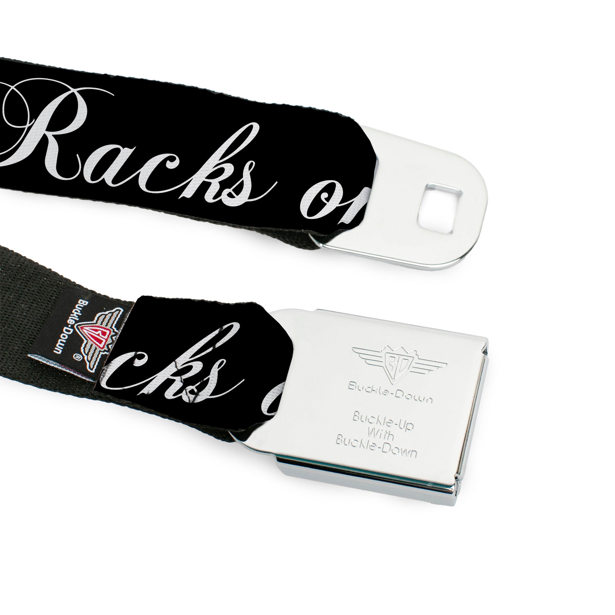BD Wings Logo CLOSE-UP Full Color Black Silver Seatbelt Belt - RACKS ON RACKS Black/White Webbing Seatbelt Belts Buckle-Down