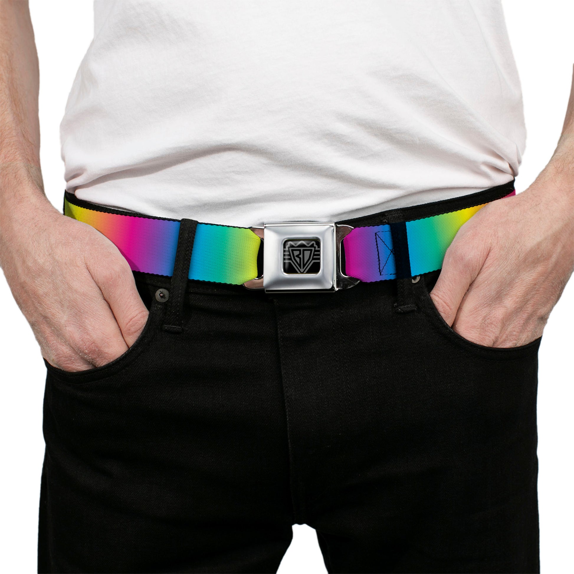 BD Wings Logo CLOSE-UP Full Color Black Silver Seatbelt Belt - Rainbow Ombre Webbing Seatbelt Belts Buckle-Down