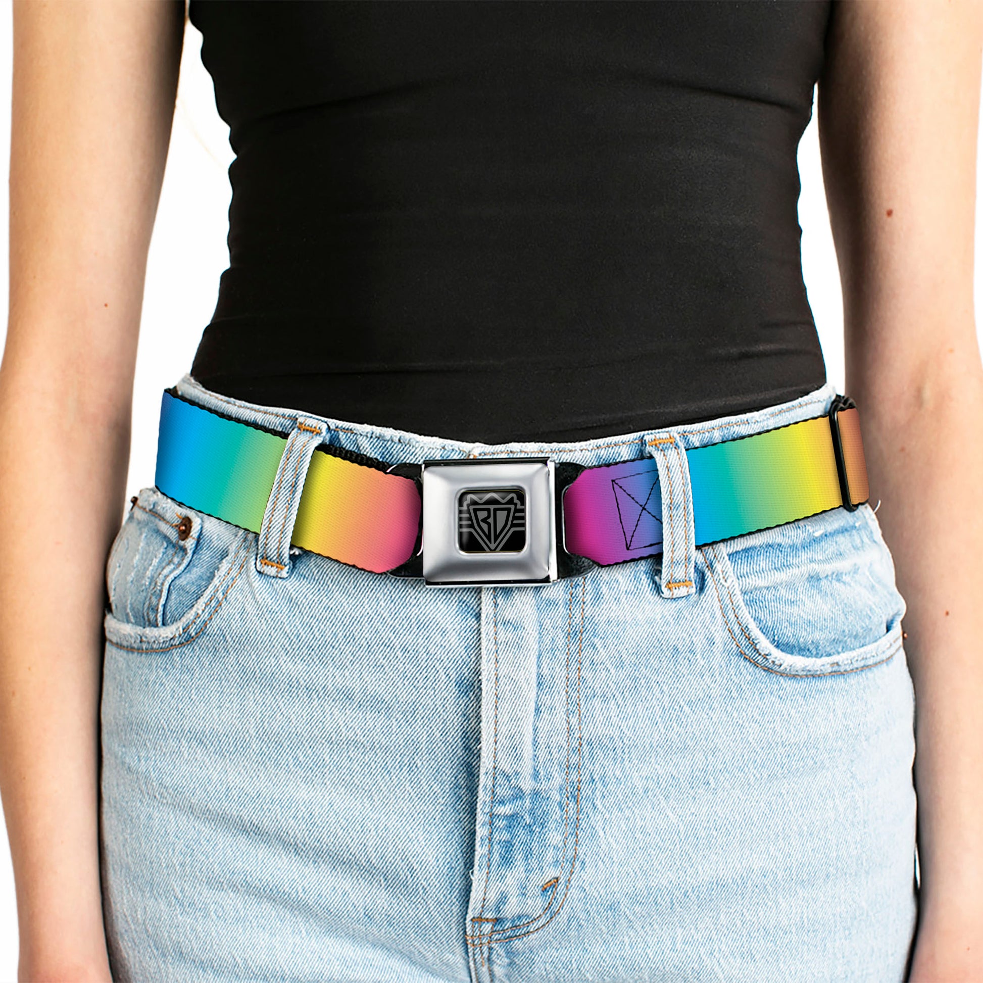 BD Wings Logo CLOSE-UP Full Color Black Silver Seatbelt Belt - Rainbow Ombre Webbing Seatbelt Belts Buckle-Down