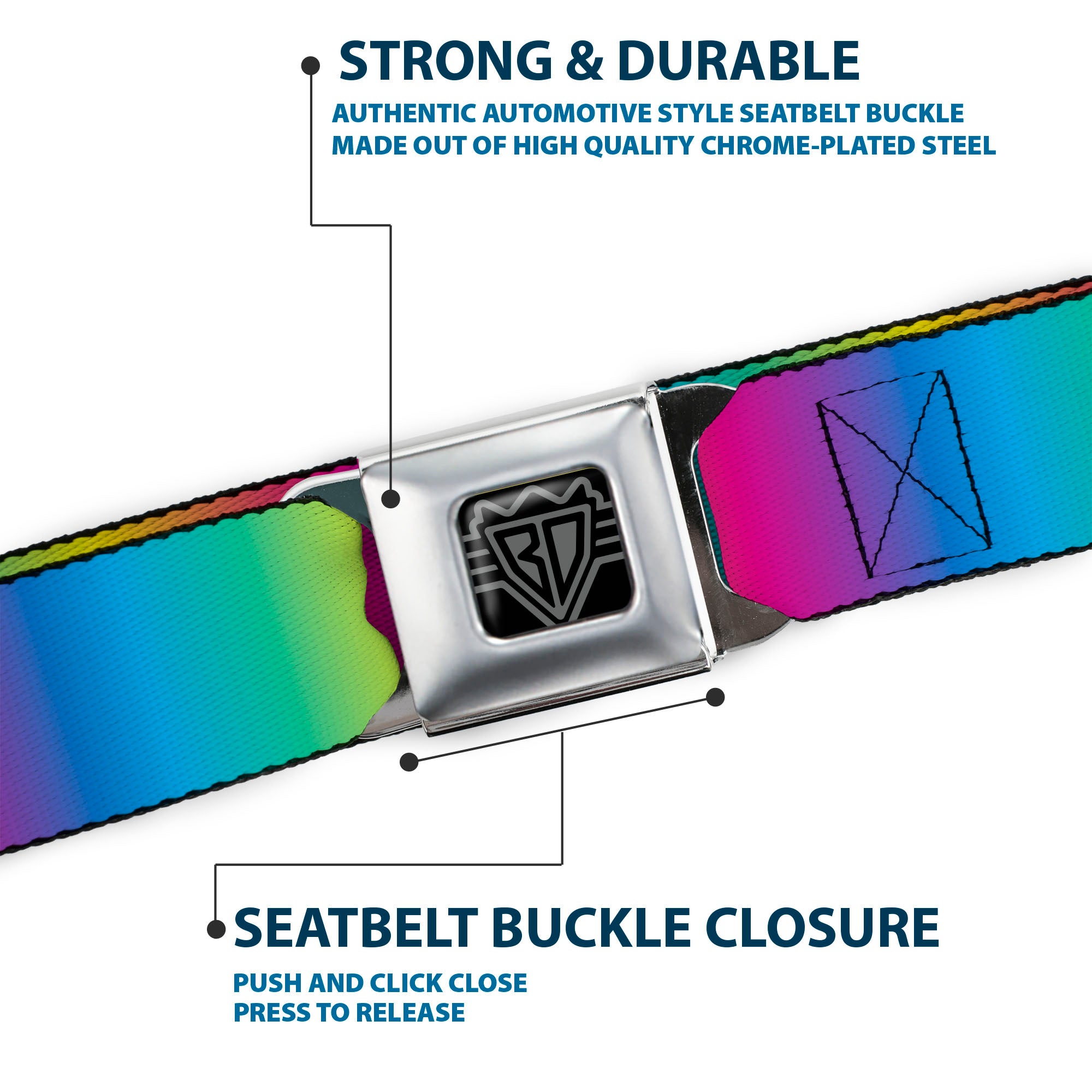 BD Wings Logo CLOSE-UP Full Color Black Silver Seatbelt Belt - Rainbow Ombre Webbing Seatbelt Belts Buckle-Down