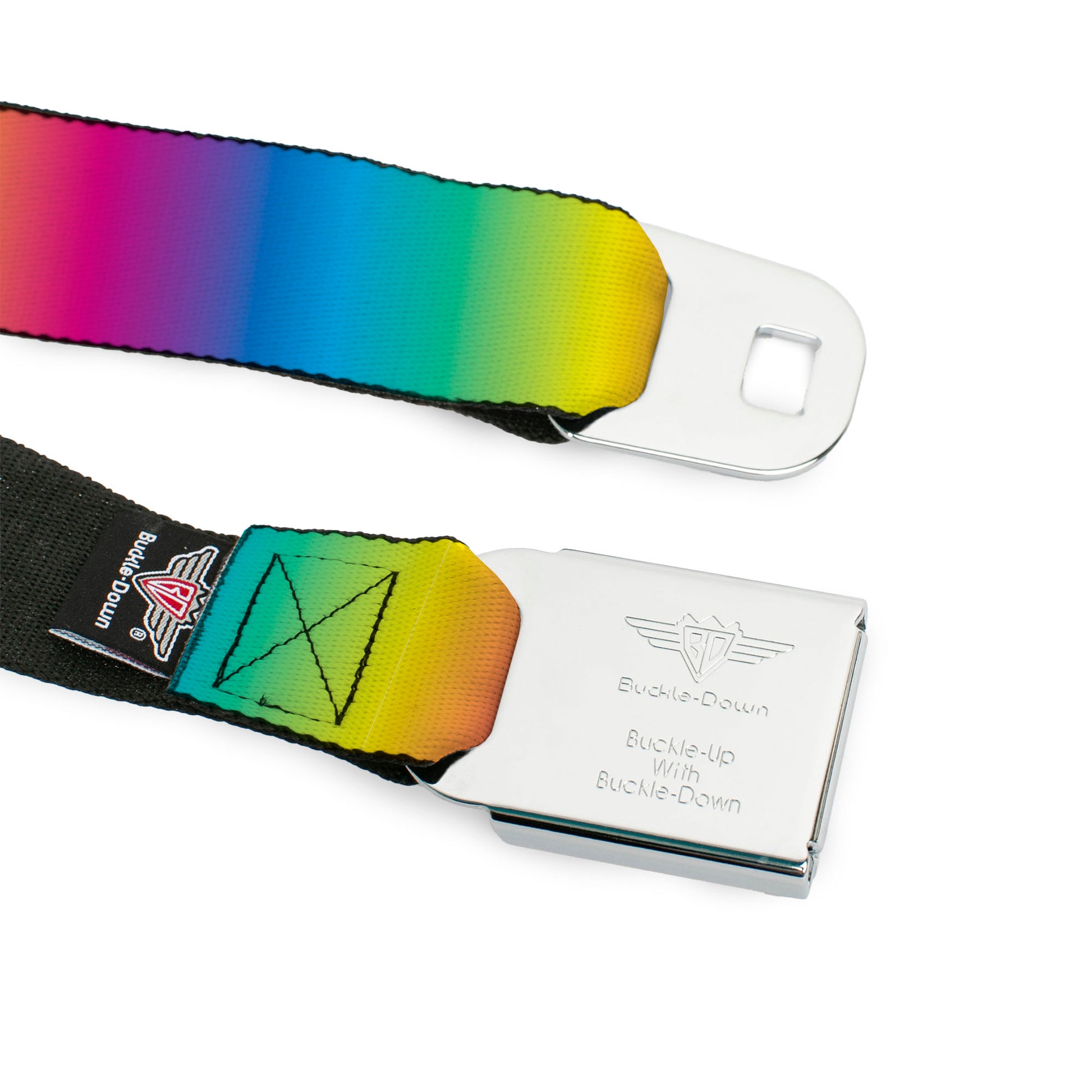 BD Wings Logo CLOSE-UP Full Color Black Silver Seatbelt Belt - Rainbow Ombre Webbing Seatbelt Belts Buckle-Down