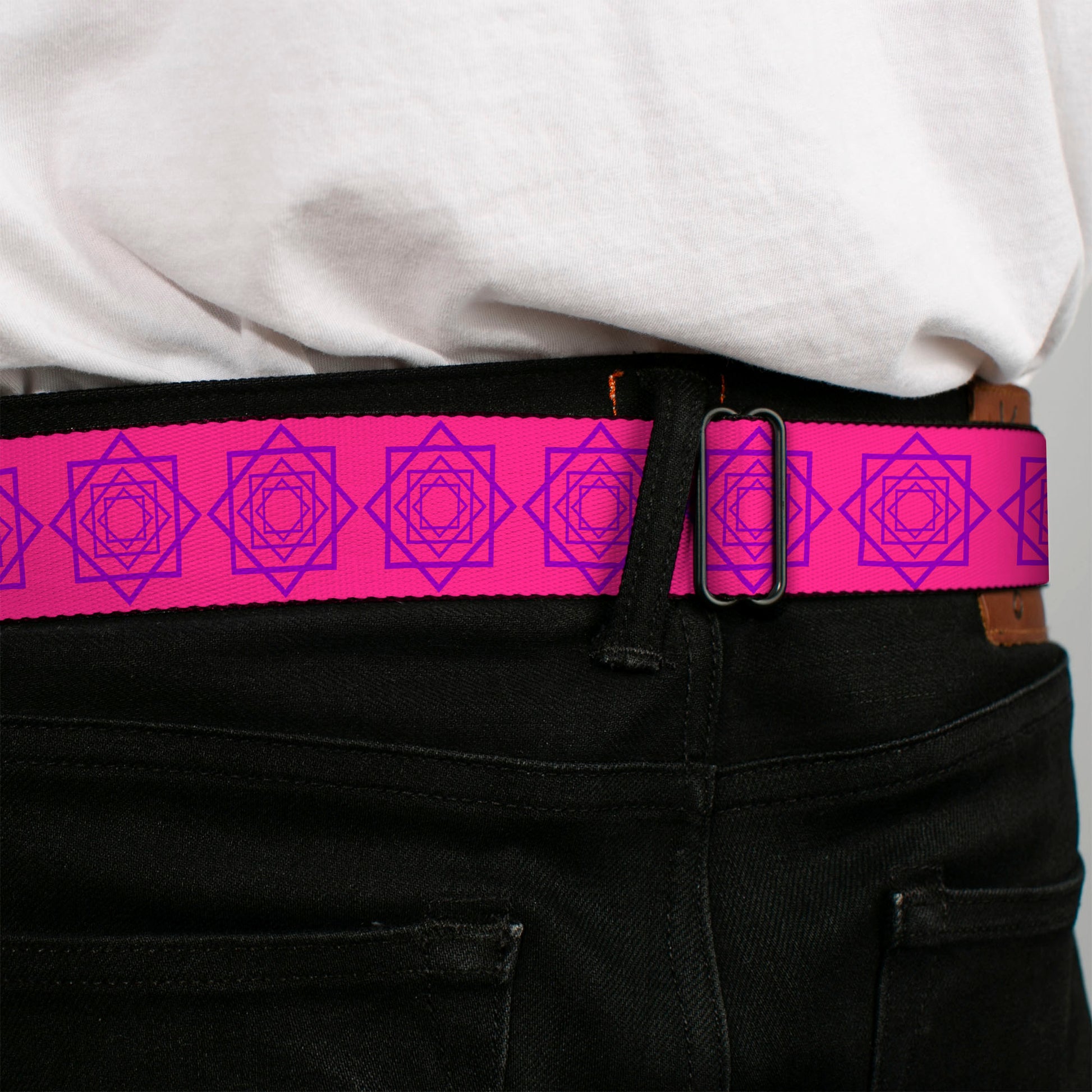 BD Wings Logo CLOSE-UP Full Color Black Silver Seatbelt Belt - Rotating Squares Pink/Purple Webbing Seatbelt Belts Buckle-Down