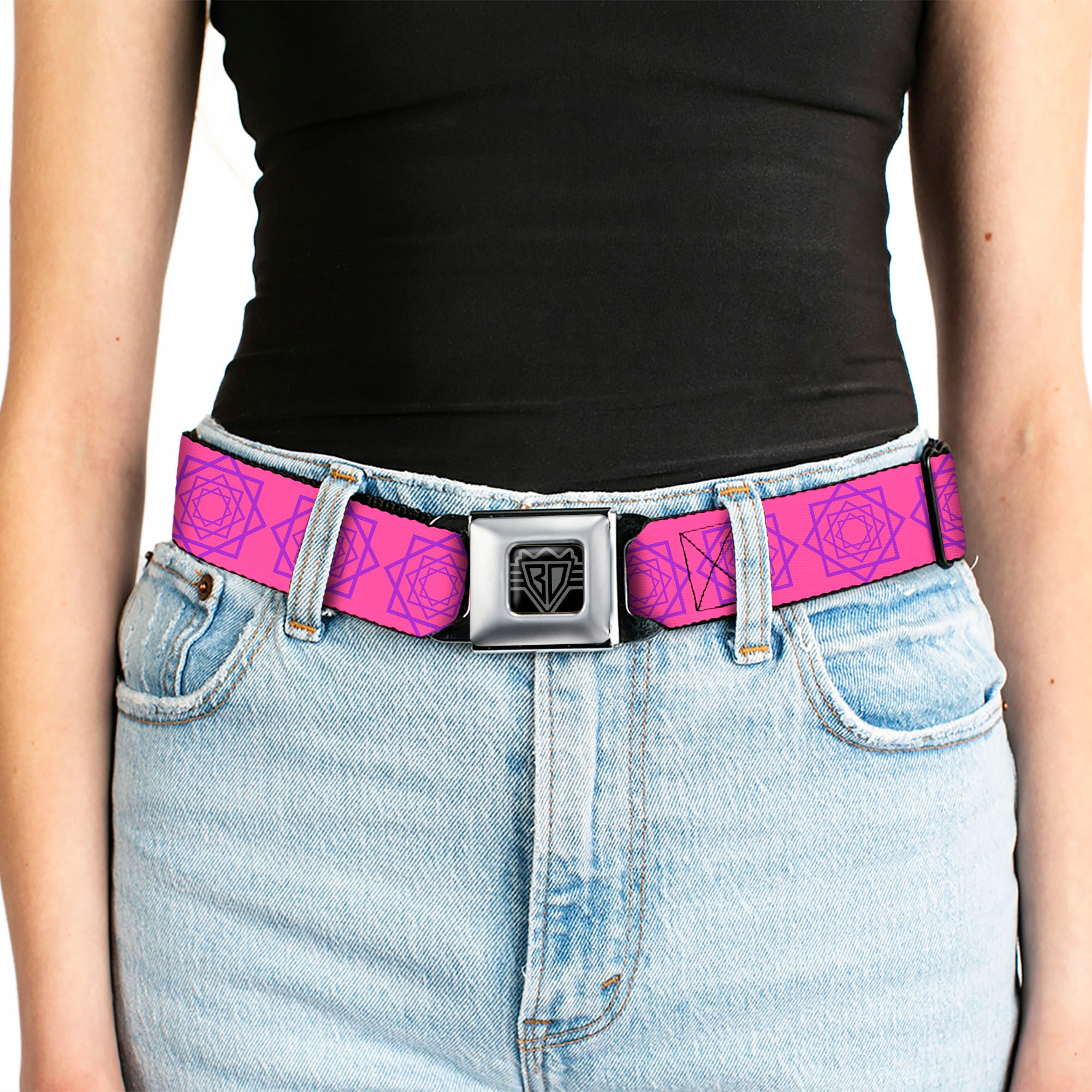 BD Wings Logo CLOSE-UP Full Color Black Silver Seatbelt Belt - Rotating Squares Pink/Purple Webbing Seatbelt Belts Buckle-Down