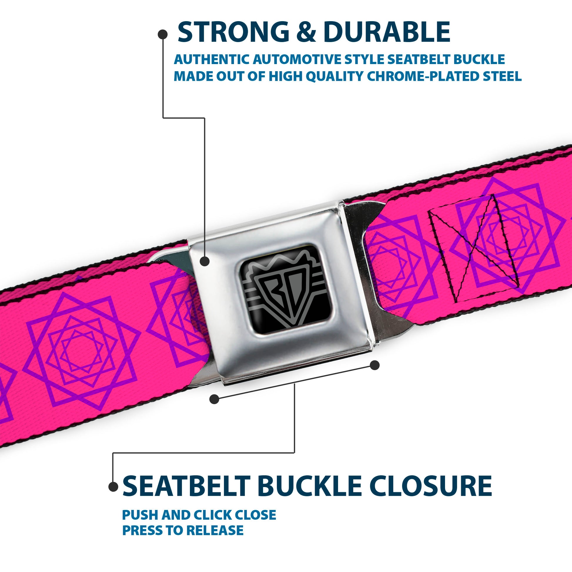 BD Wings Logo CLOSE-UP Full Color Black Silver Seatbelt Belt - Rotating Squares Pink/Purple Webbing Seatbelt Belts Buckle-Down