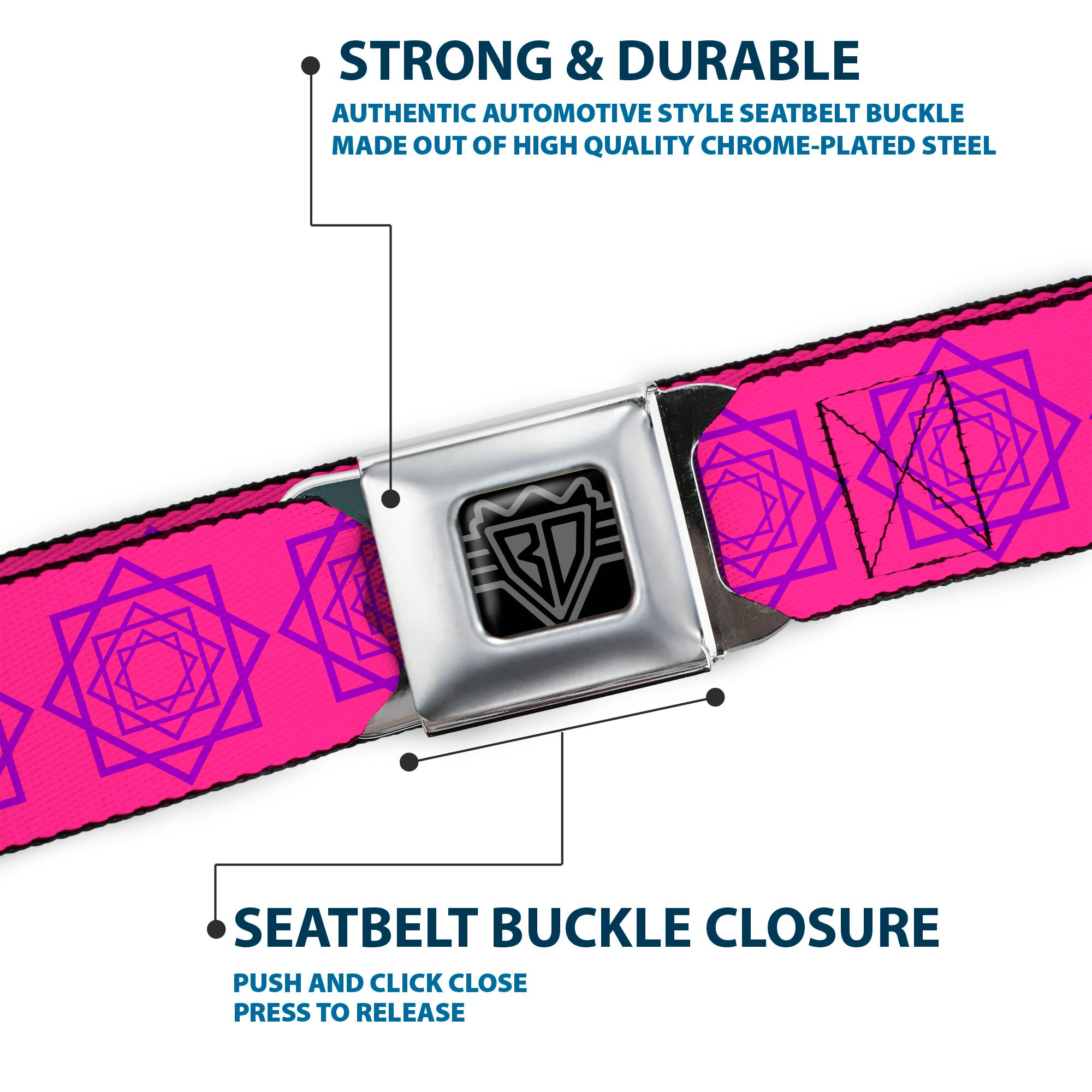 BD Wings Logo CLOSE-UP Full Color Black Silver Seatbelt Belt - Rotating Squares Pink/Purple Webbing Seatbelt Belts Buckle-Down