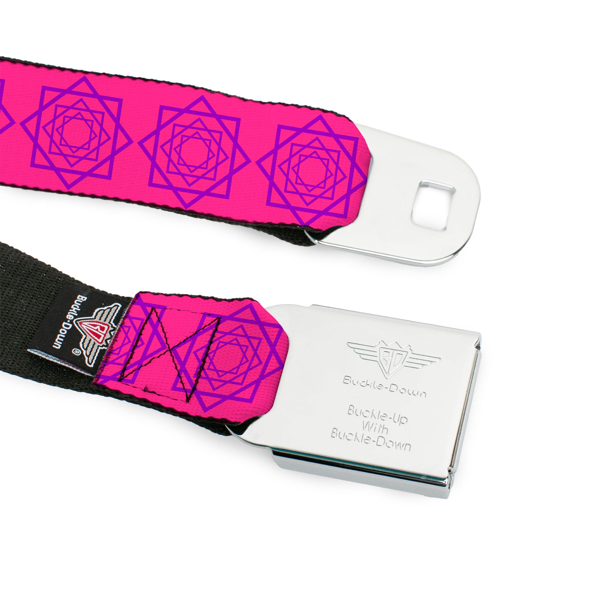 BD Wings Logo CLOSE-UP Full Color Black Silver Seatbelt Belt - Rotating Squares Pink/Purple Webbing Seatbelt Belts Buckle-Down
