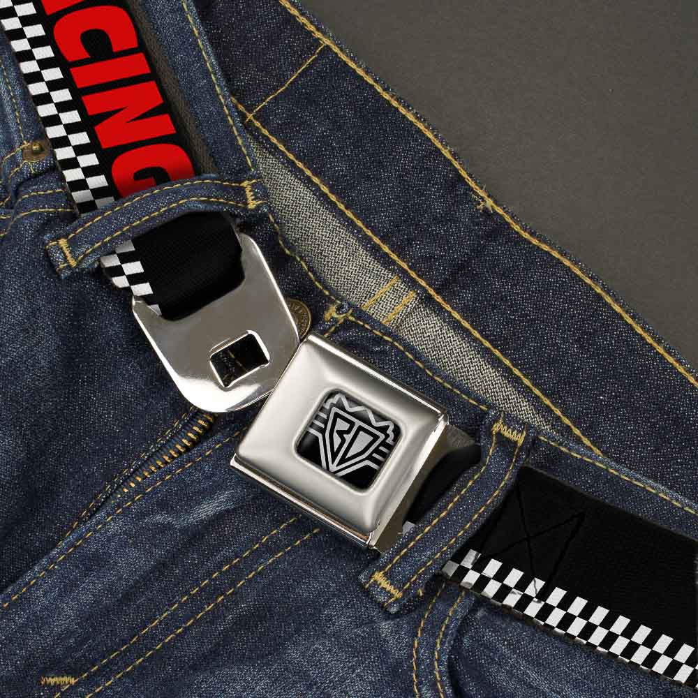BD Wings Logo CLOSE-UP Full Color Black Silver Seatbelt Belt - RACING w/Checker Black/White/Red Webbing Seatbelt Belts Buckle-Down