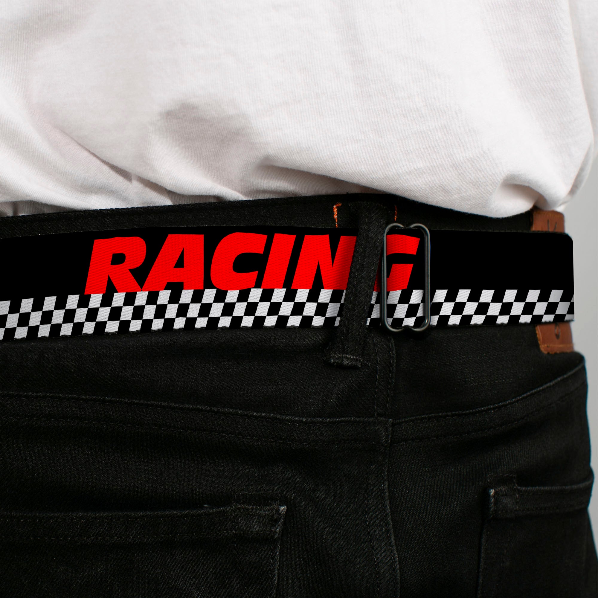 BD Wings Logo CLOSE-UP Full Color Black Silver Seatbelt Belt - RACING w/Checker Black/White/Red Webbing Seatbelt Belts Buckle-Down