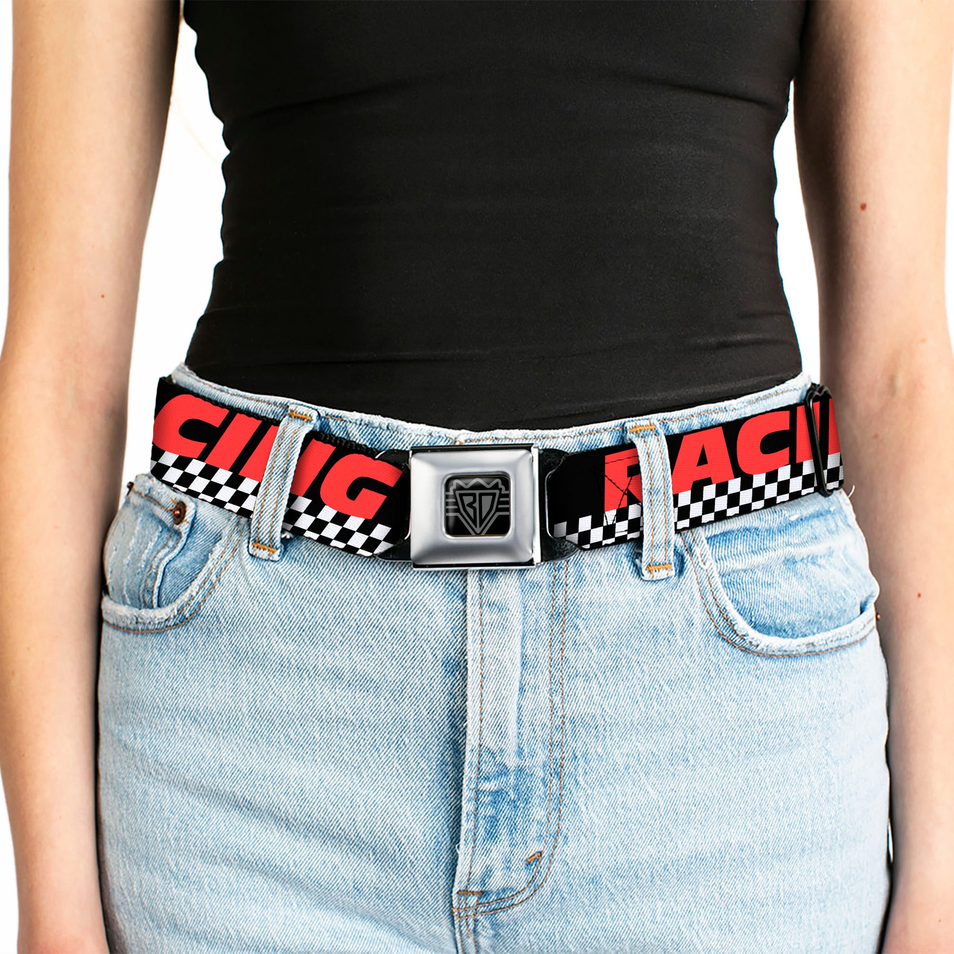 BD Wings Logo CLOSE-UP Full Color Black Silver Seatbelt Belt - RACING w/Checker Black/White/Red Webbing Seatbelt Belts Buckle-Down