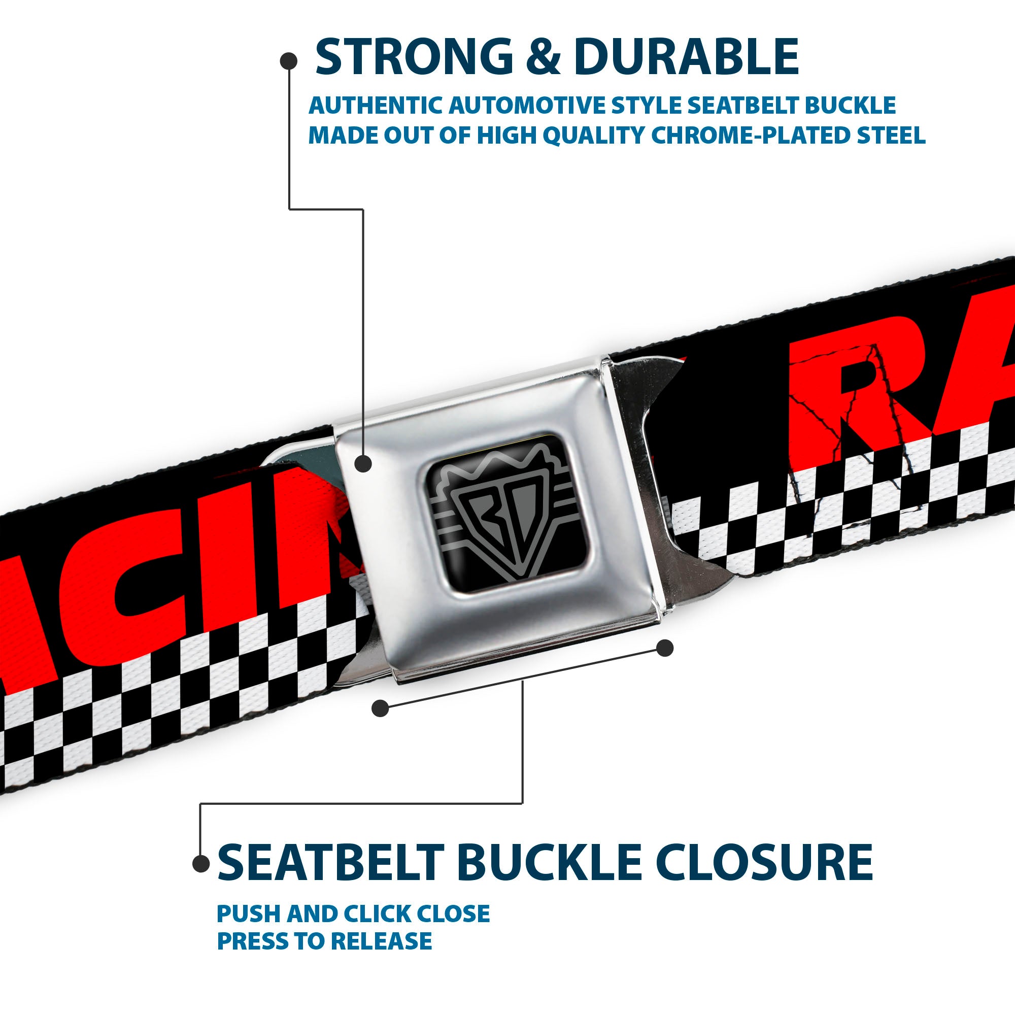 BD Wings Logo CLOSE-UP Full Color Black Silver Seatbelt Belt - RACING w/Checker Black/White/Red Webbing Seatbelt Belts Buckle-Down
