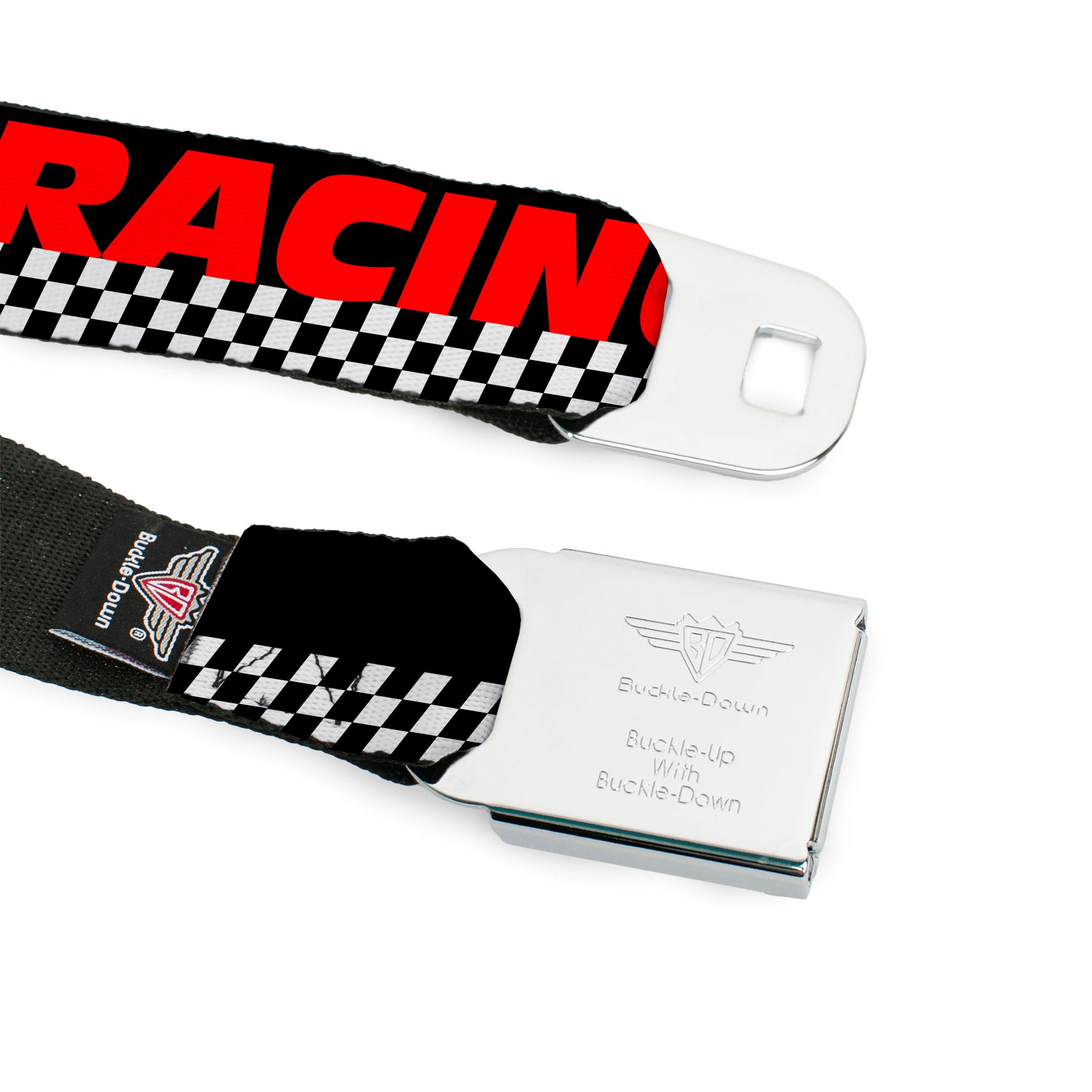 BD Wings Logo CLOSE-UP Full Color Black Silver Seatbelt Belt - RACING w/Checker Black/White/Red Webbing Seatbelt Belts Buckle-Down