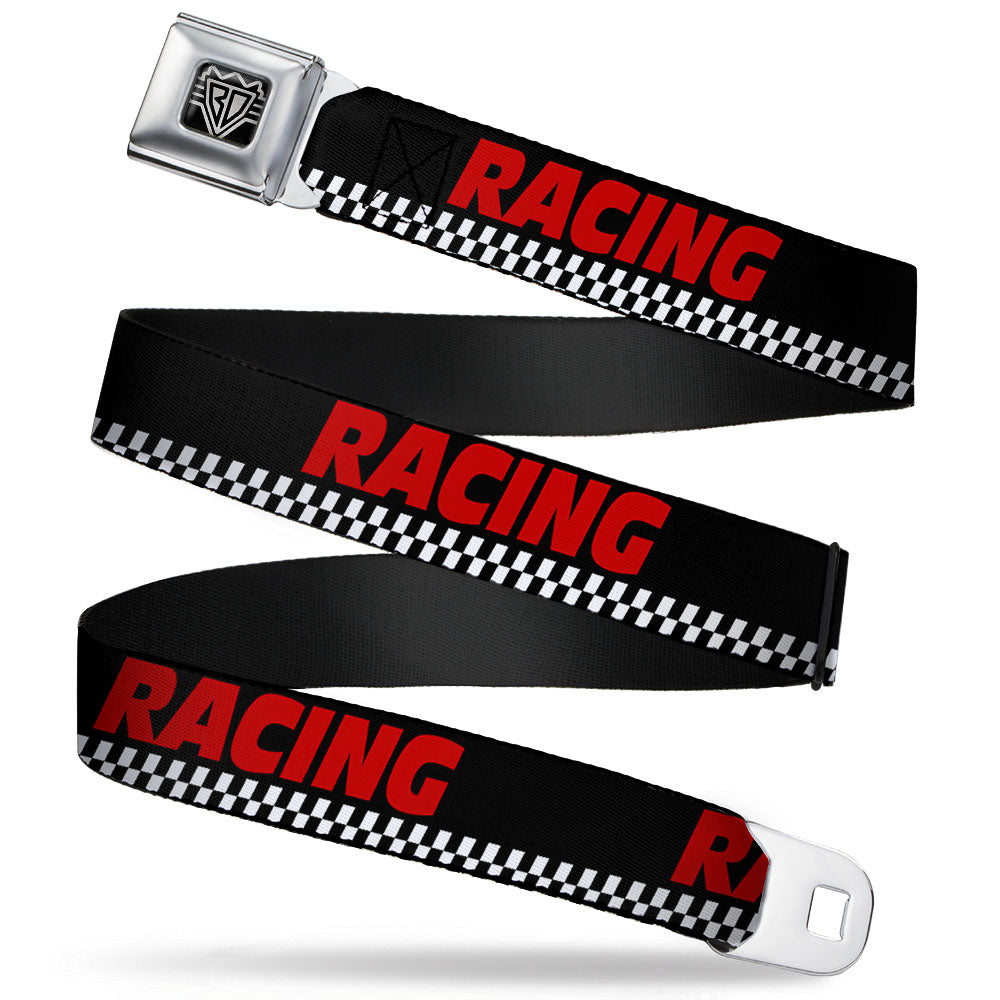 BD Wings Logo CLOSE-UP Full Color Black Silver Seatbelt Belt - RACING w/Checker Black/White/Red Webbing Seatbelt Belts Buckle-Down