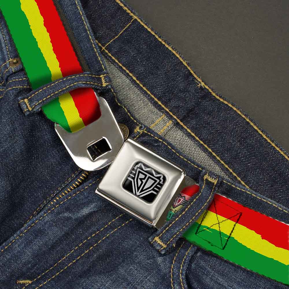 BD Wings Logo CLOSE-UP Full Color Black Silver Seatbelt Belt - Rasta Stripes Painted Green/Yellow/Red Webbing Seatbelt Belts Buckle-Down