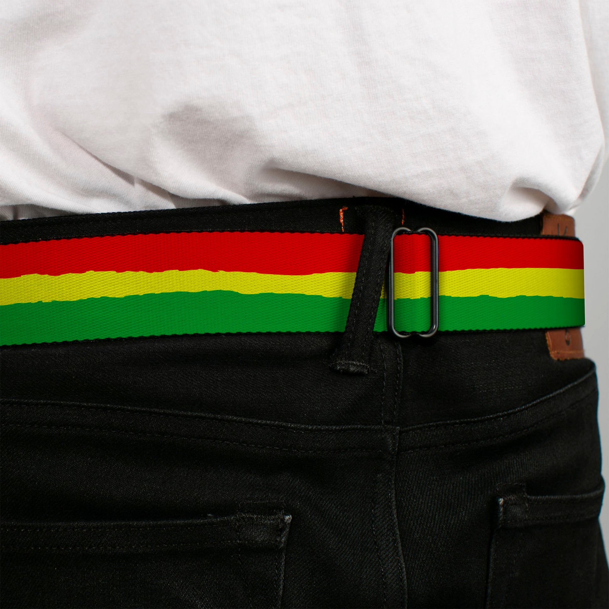 BD Wings Logo CLOSE-UP Full Color Black Silver Seatbelt Belt - Rasta Stripes Painted Green/Yellow/Red Webbing Seatbelt Belts Buckle-Down