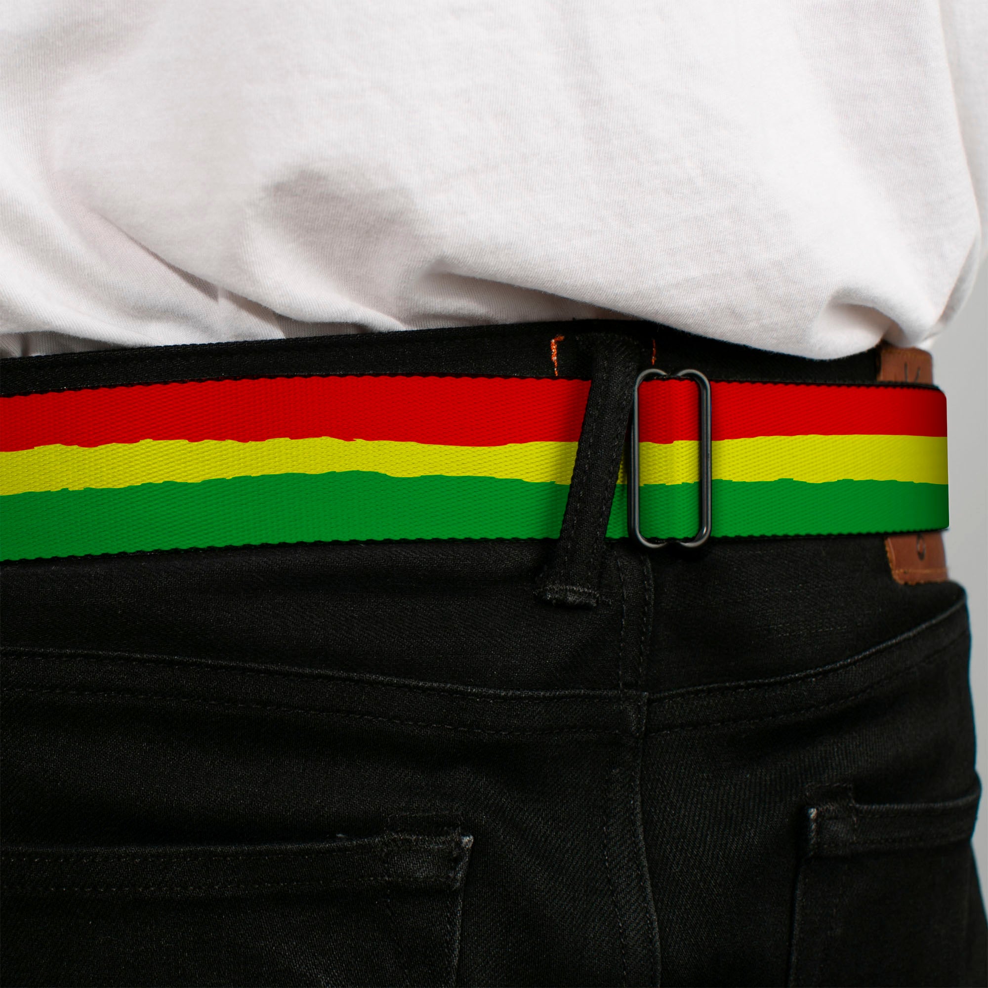 BD Wings Logo CLOSE-UP Full Color Black Silver Seatbelt Belt - Rasta Stripes Painted Green/Yellow/Red Webbing Seatbelt Belts Buckle-Down