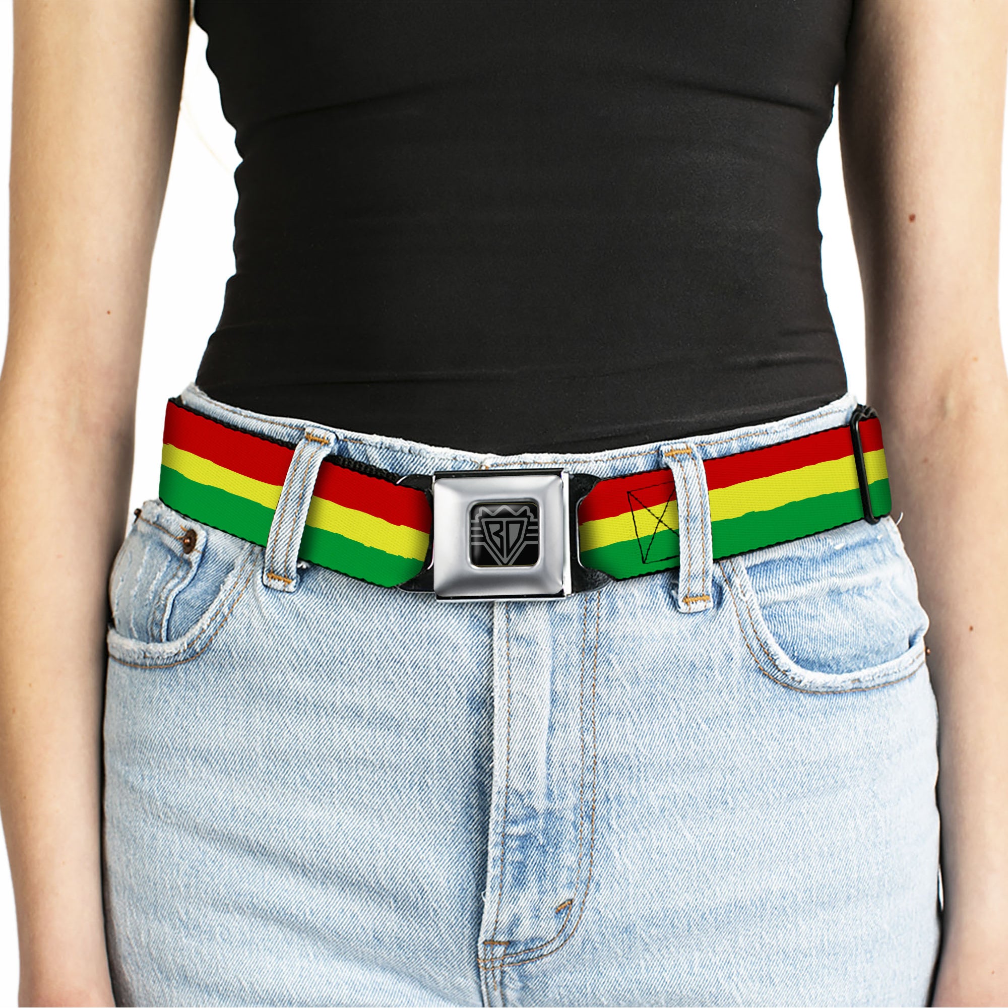 BD Wings Logo CLOSE-UP Full Color Black Silver Seatbelt Belt - Rasta Stripes Painted Green/Yellow/Red Webbing Seatbelt Belts Buckle-Down