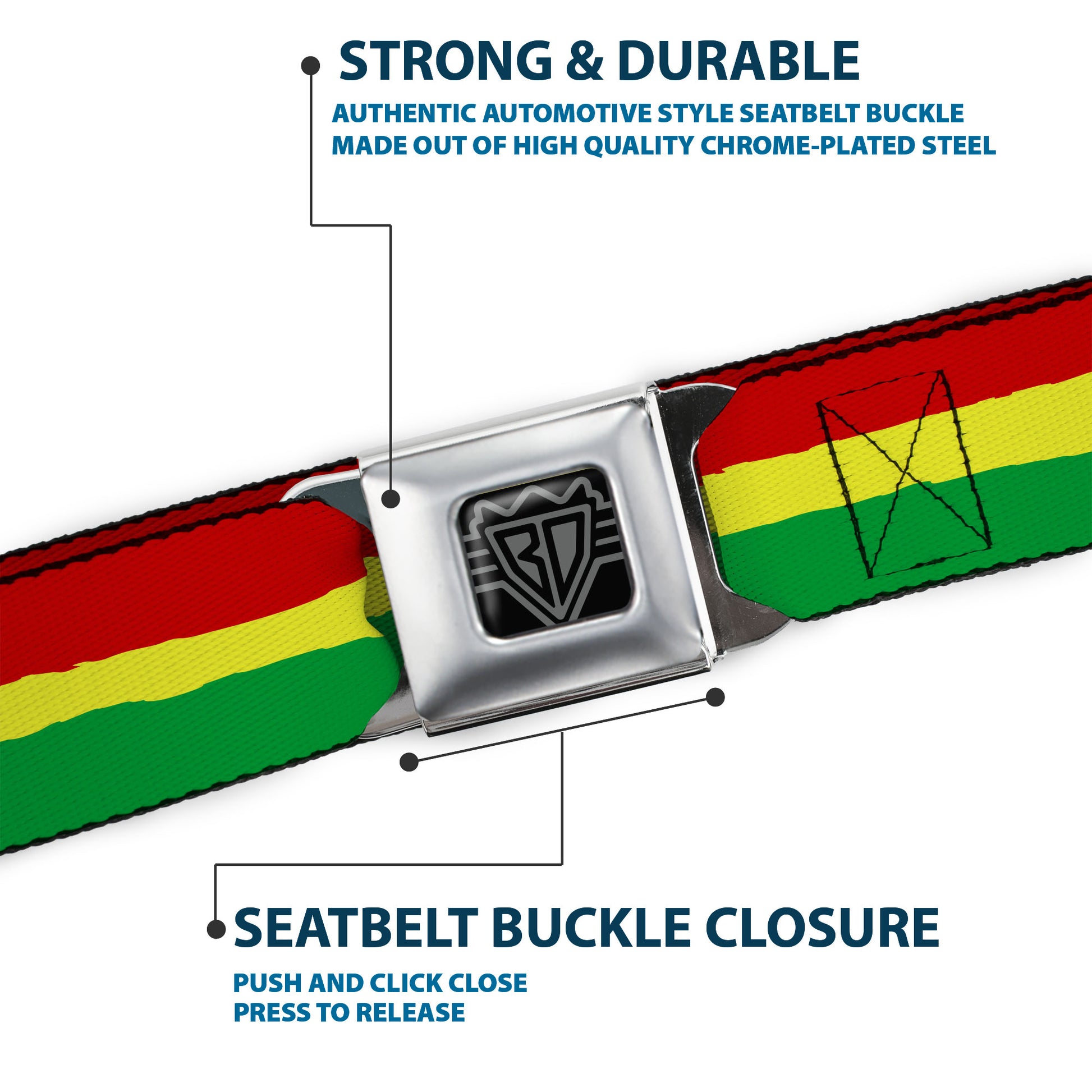 BD Wings Logo CLOSE-UP Full Color Black Silver Seatbelt Belt - Rasta Stripes Painted Green/Yellow/Red Webbing Seatbelt Belts Buckle-Down