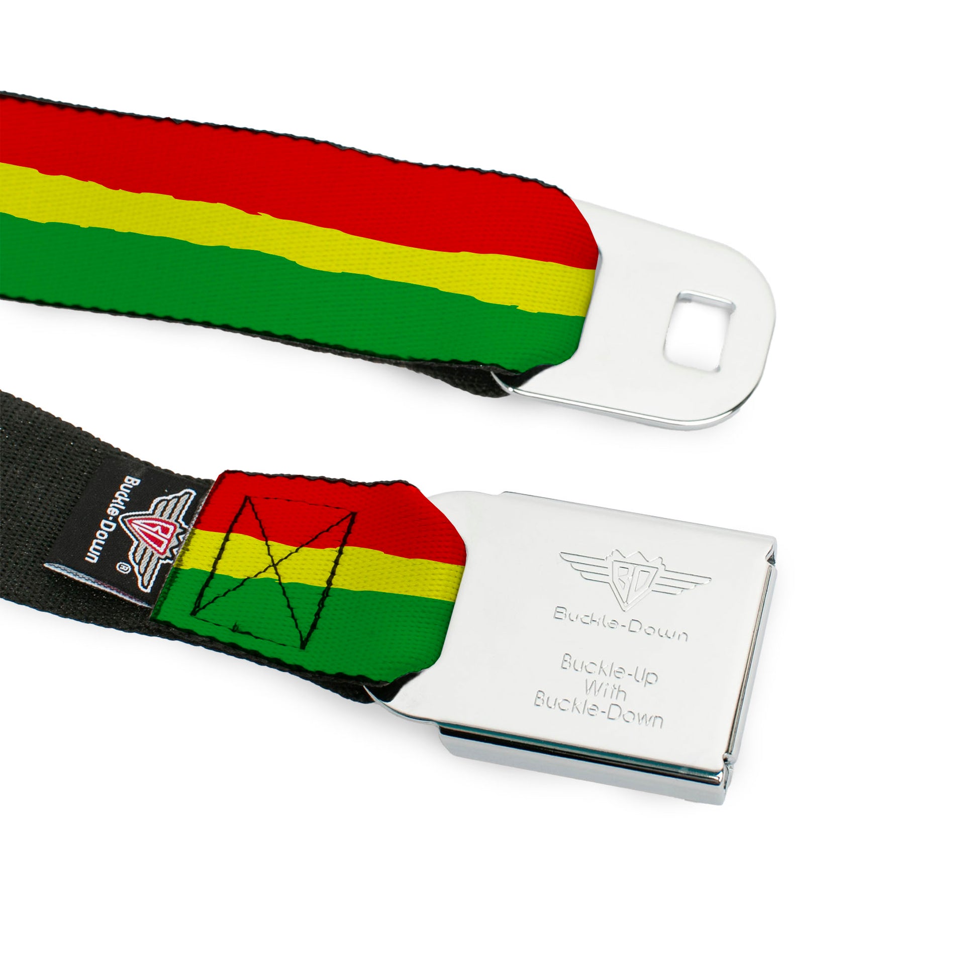 BD Wings Logo CLOSE-UP Full Color Black Silver Seatbelt Belt - Rasta Stripes Painted Green/Yellow/Red Webbing Seatbelt Belts Buckle-Down