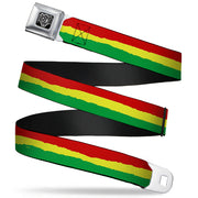 BD Wings Logo CLOSE-UP Full Color Black Silver Seatbelt Belt - Rasta Stripes Painted Green/Yellow/Red Webbing Seatbelt Belts Buckle-Down