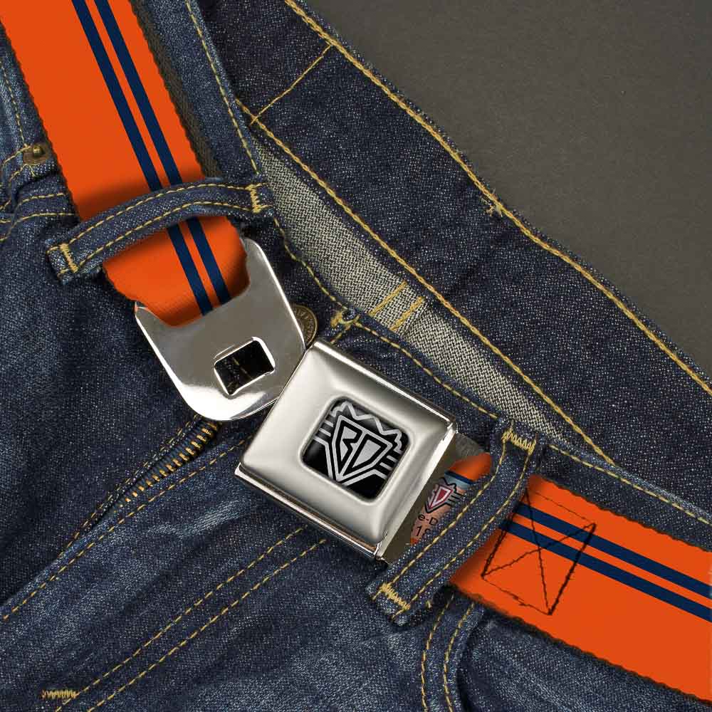 BD Wings Logo CLOSE-UP Full Color Black Silver Seatbelt Belt - Racing Stripe Orange/Navy Webbing Seatbelt Belts Buckle-Down