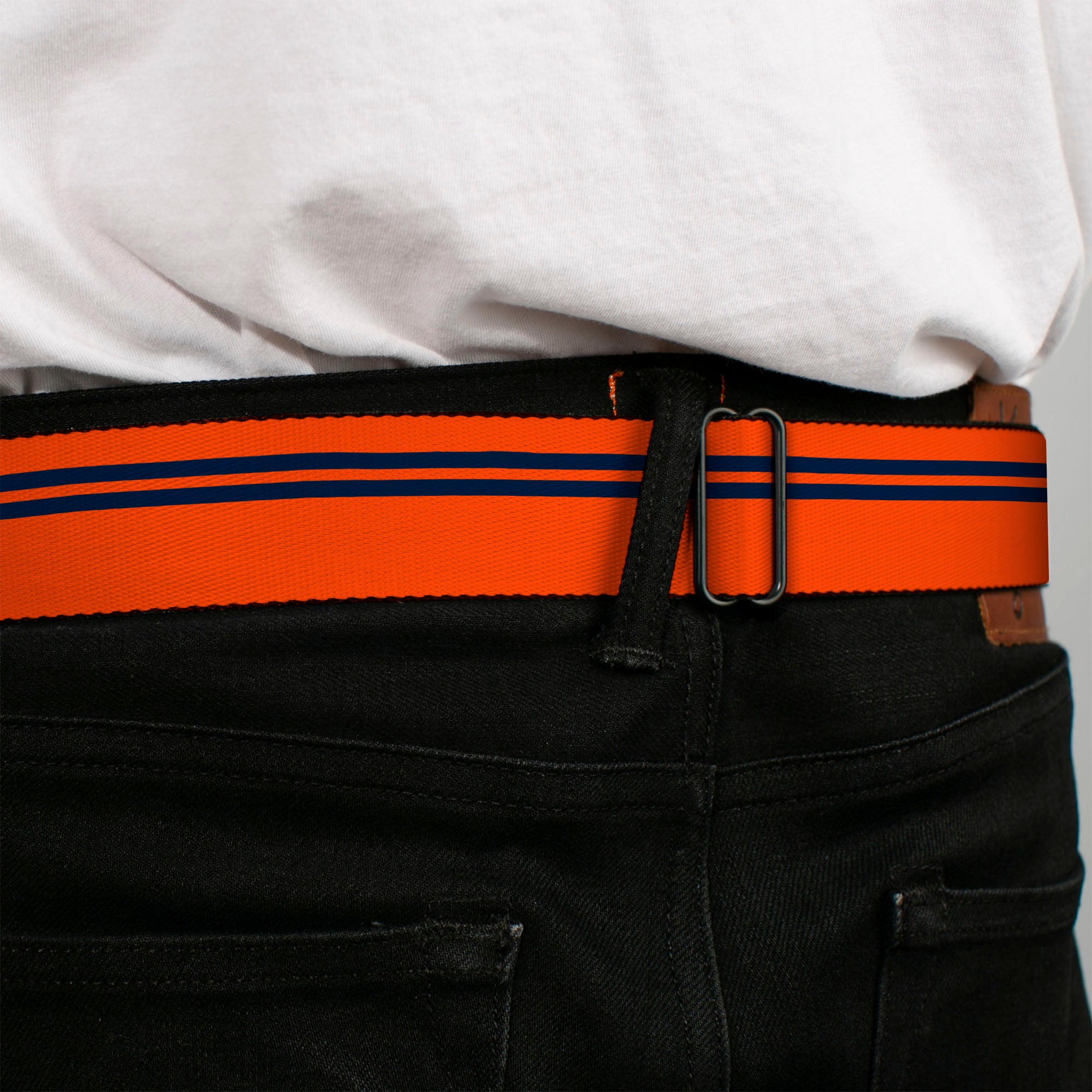 BD Wings Logo CLOSE-UP Full Color Black Silver Seatbelt Belt - Racing Stripe Orange/Navy Webbing Seatbelt Belts Buckle-Down