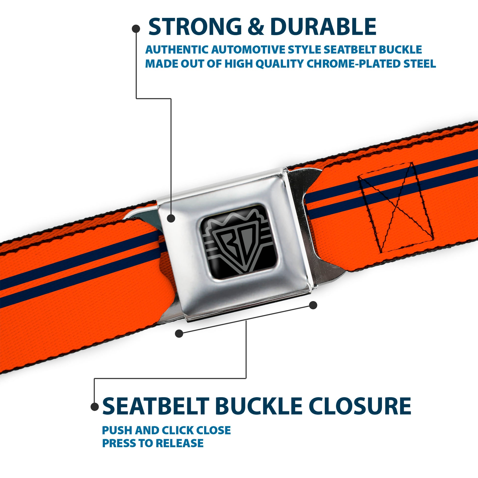 BD Wings Logo CLOSE-UP Full Color Black Silver Seatbelt Belt - Racing Stripe Orange/Navy Webbing Seatbelt Belts Buckle-Down