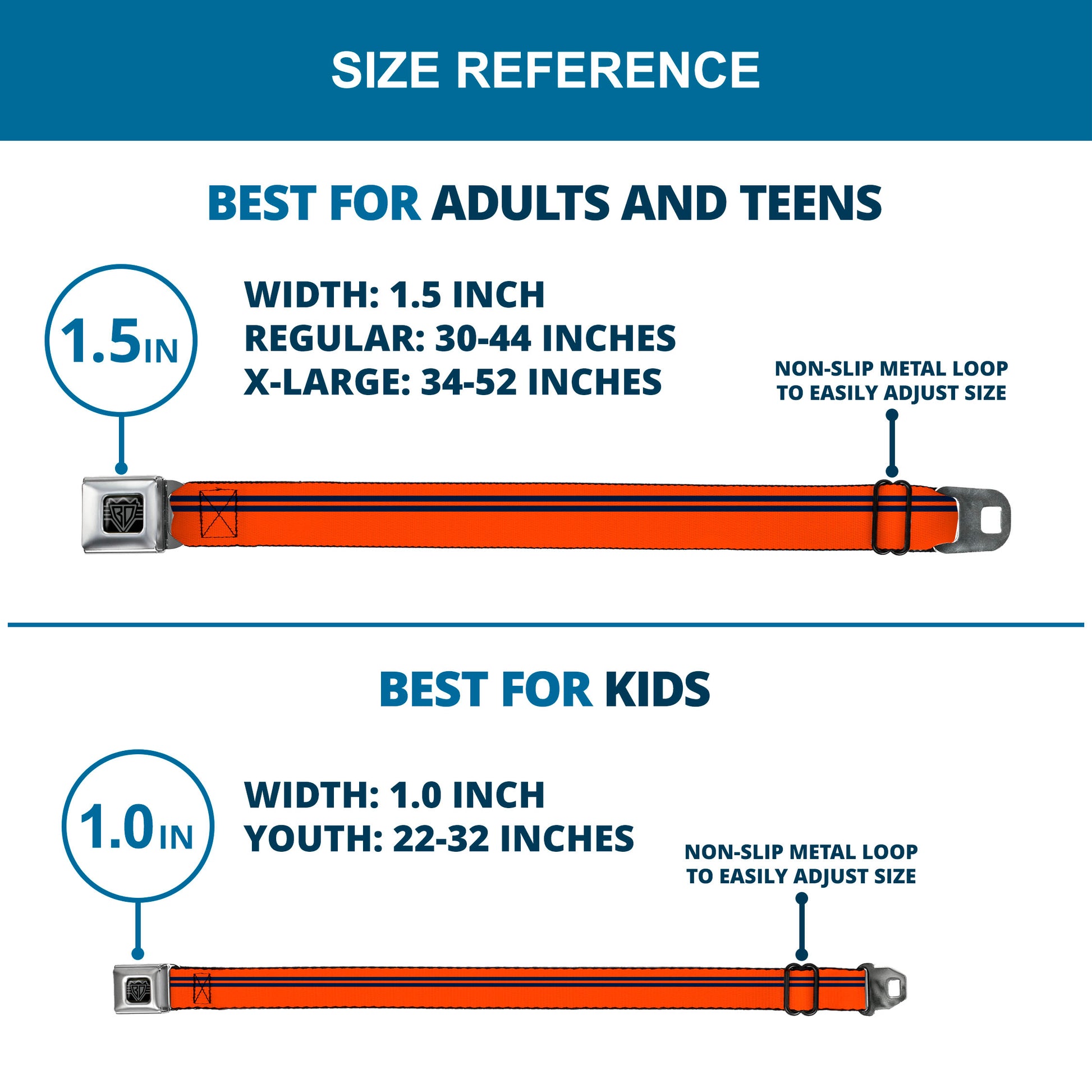 BD Wings Logo CLOSE-UP Full Color Black Silver Seatbelt Belt - Racing Stripe Orange/Navy Webbing Seatbelt Belts Buckle-Down