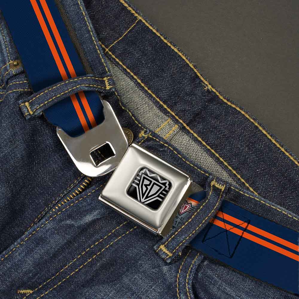 BD Wings Logo CLOSE-UP Full Color Black Silver Seatbelt Belt - Racing Stripe Navy/Orange Webbing Seatbelt Belts Buckle-Down