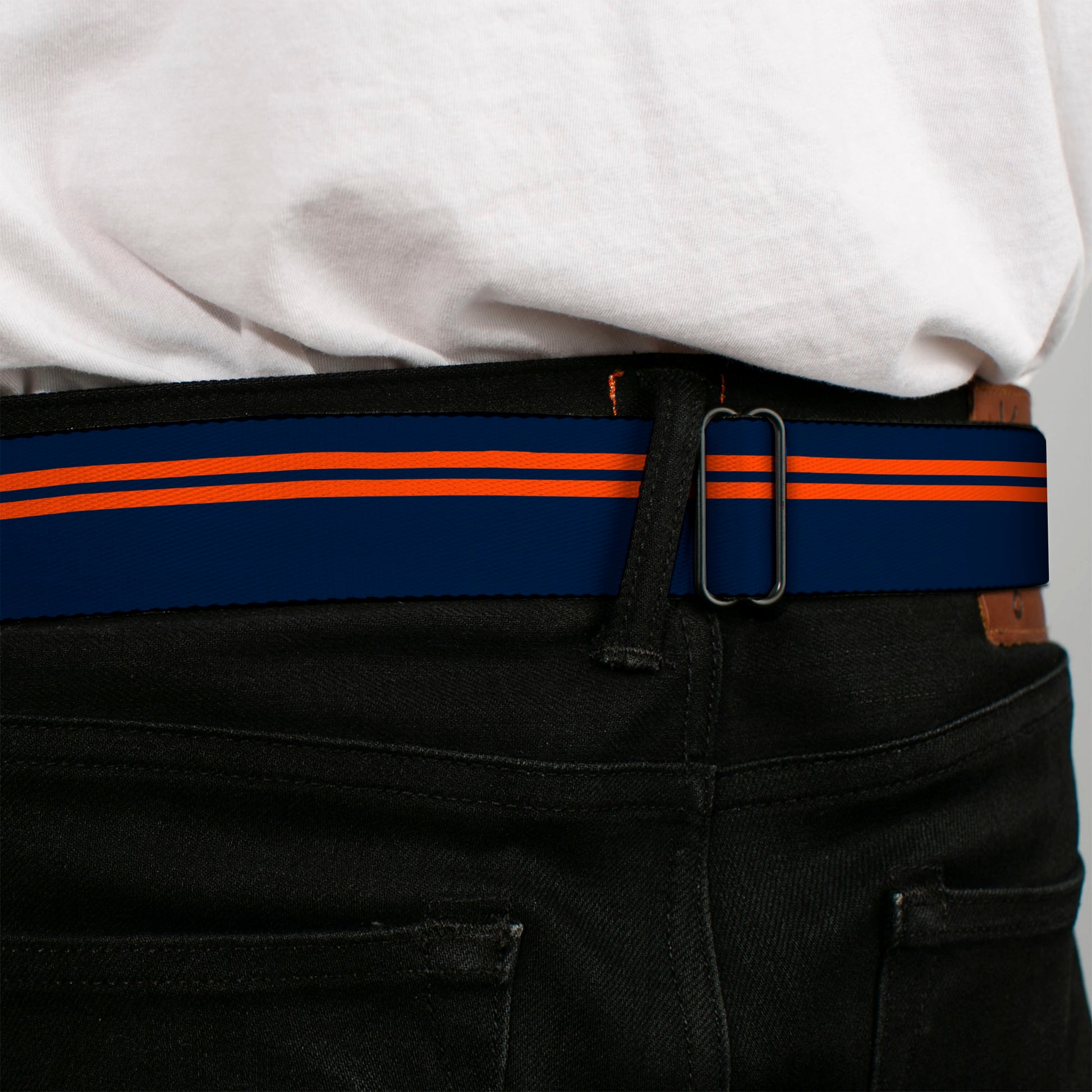 BD Wings Logo CLOSE-UP Full Color Black Silver Seatbelt Belt - Racing Stripe Navy/Orange Webbing Seatbelt Belts Buckle-Down