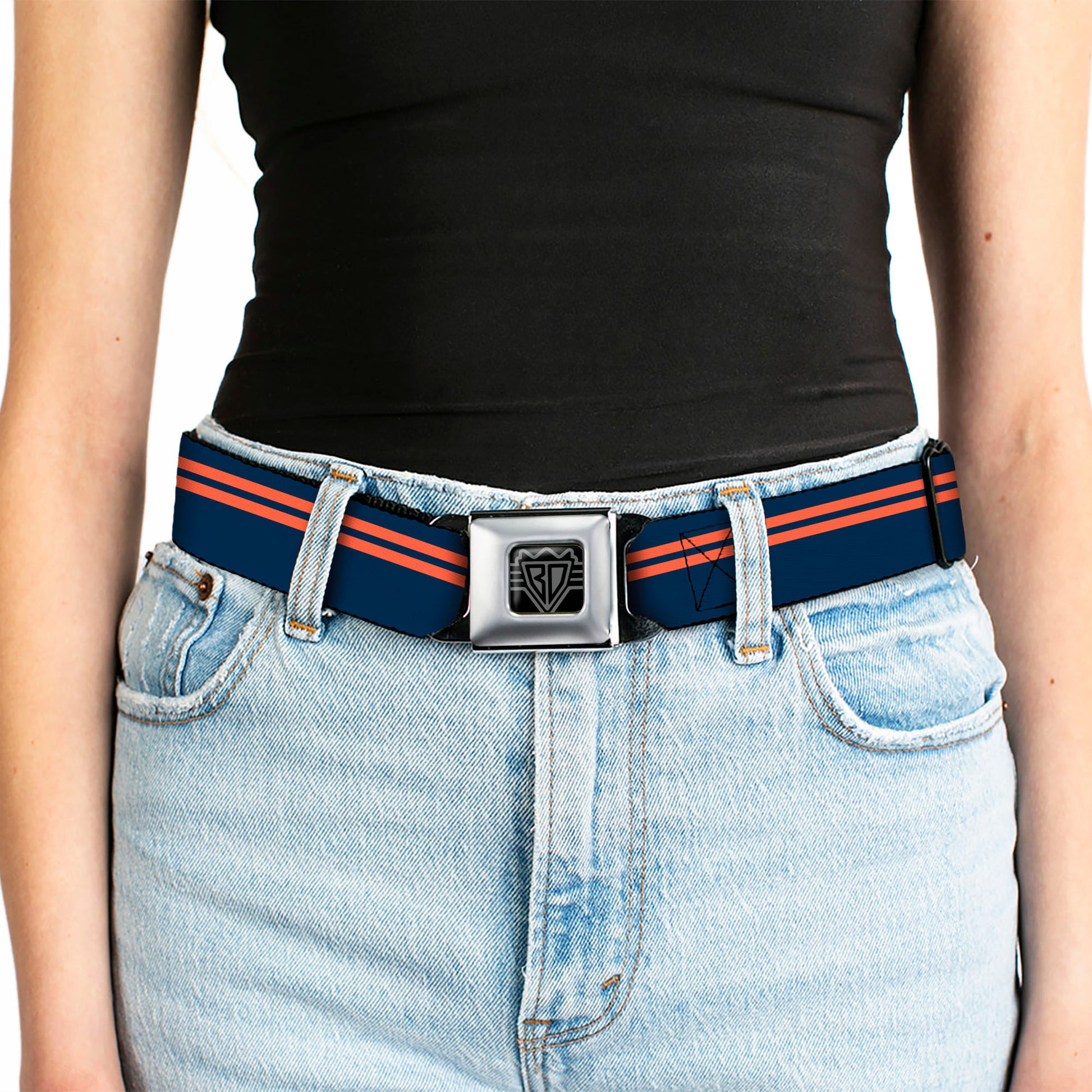 BD Wings Logo CLOSE-UP Full Color Black Silver Seatbelt Belt - Racing Stripe Navy/Orange Webbing Seatbelt Belts Buckle-Down
