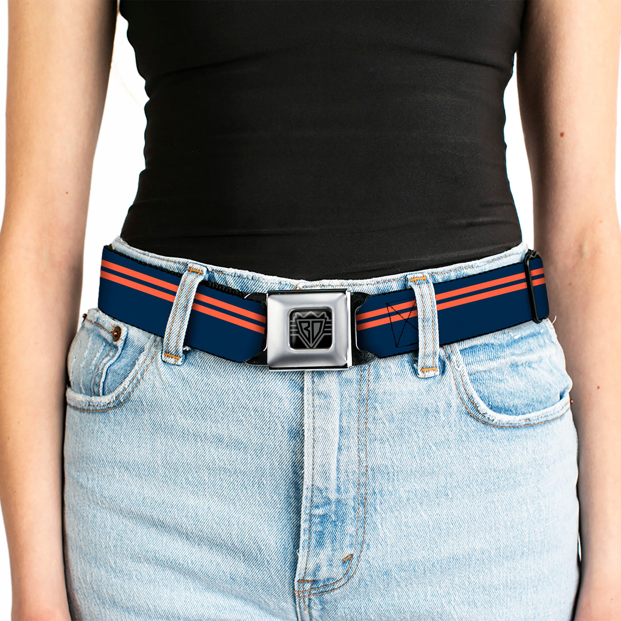 BD Wings Logo CLOSE-UP Full Color Black Silver Seatbelt Belt - Racing Stripe Navy/Orange Webbing Seatbelt Belts Buckle-Down