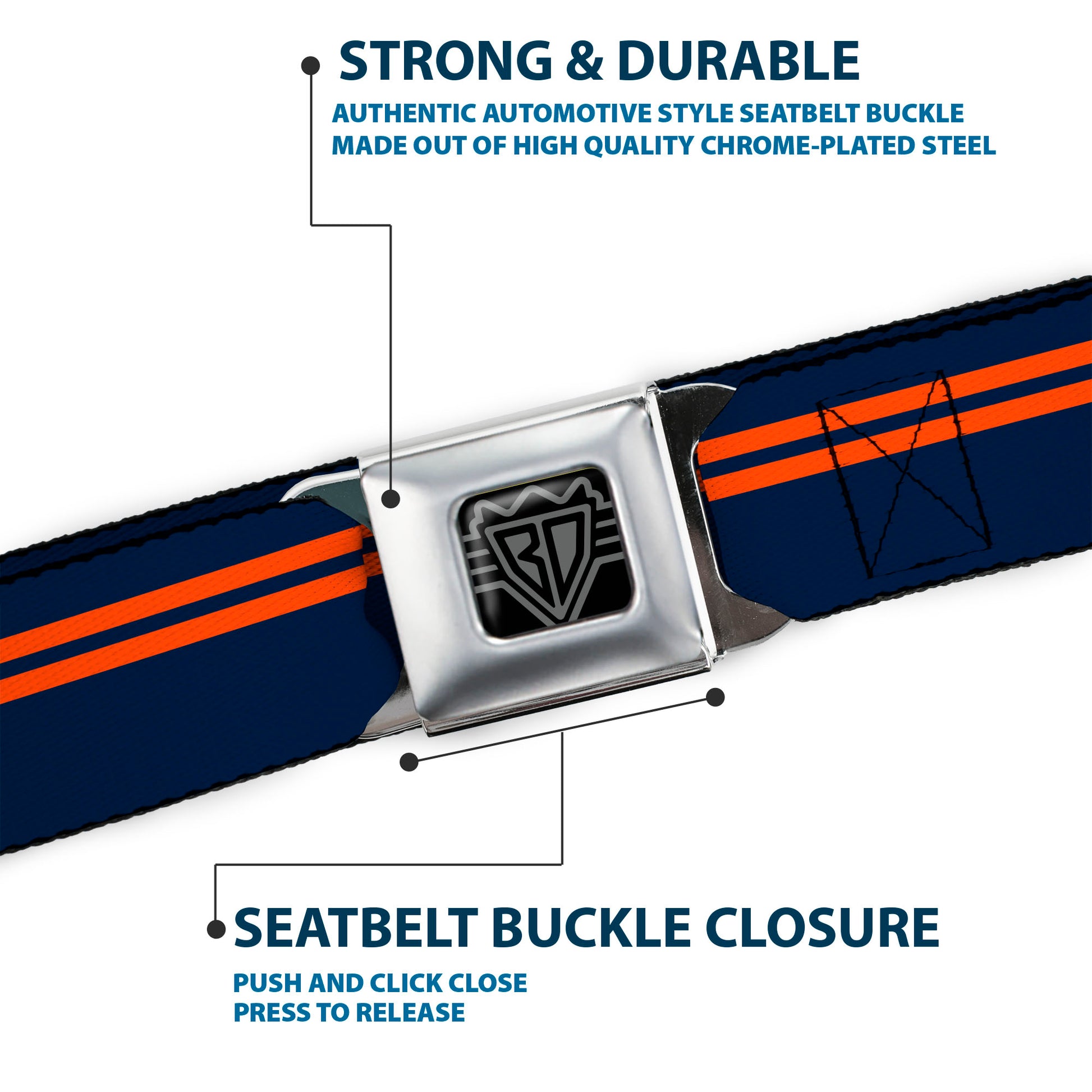 BD Wings Logo CLOSE-UP Full Color Black Silver Seatbelt Belt - Racing Stripe Navy/Orange Webbing Seatbelt Belts Buckle-Down