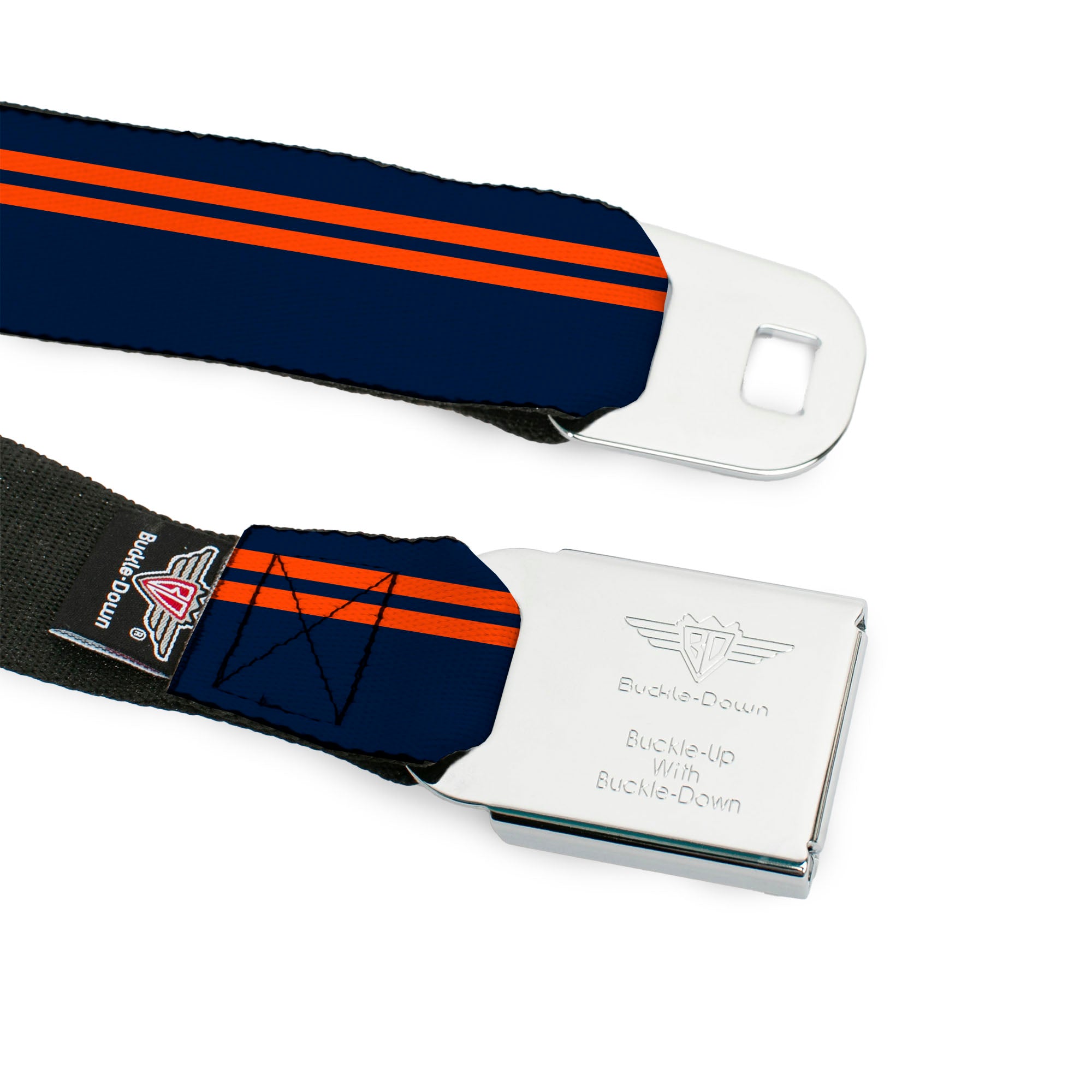 BD Wings Logo CLOSE-UP Full Color Black Silver Seatbelt Belt - Racing Stripe Navy/Orange Webbing Seatbelt Belts Buckle-Down