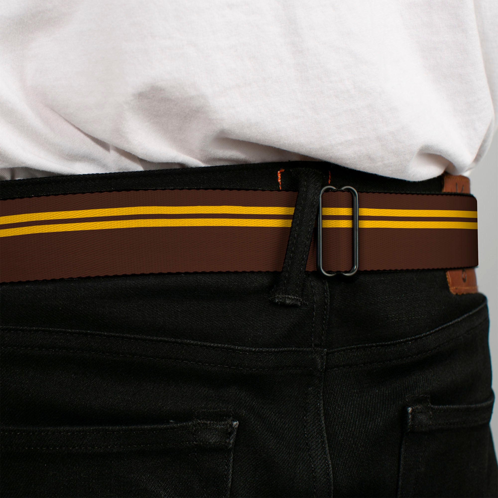 BD Wings Logo CLOSE-UP Full Color Black Silver Seatbelt Belt - Racing Stripe Brown/Gold Webbing Seatbelt Belts Buckle-Down