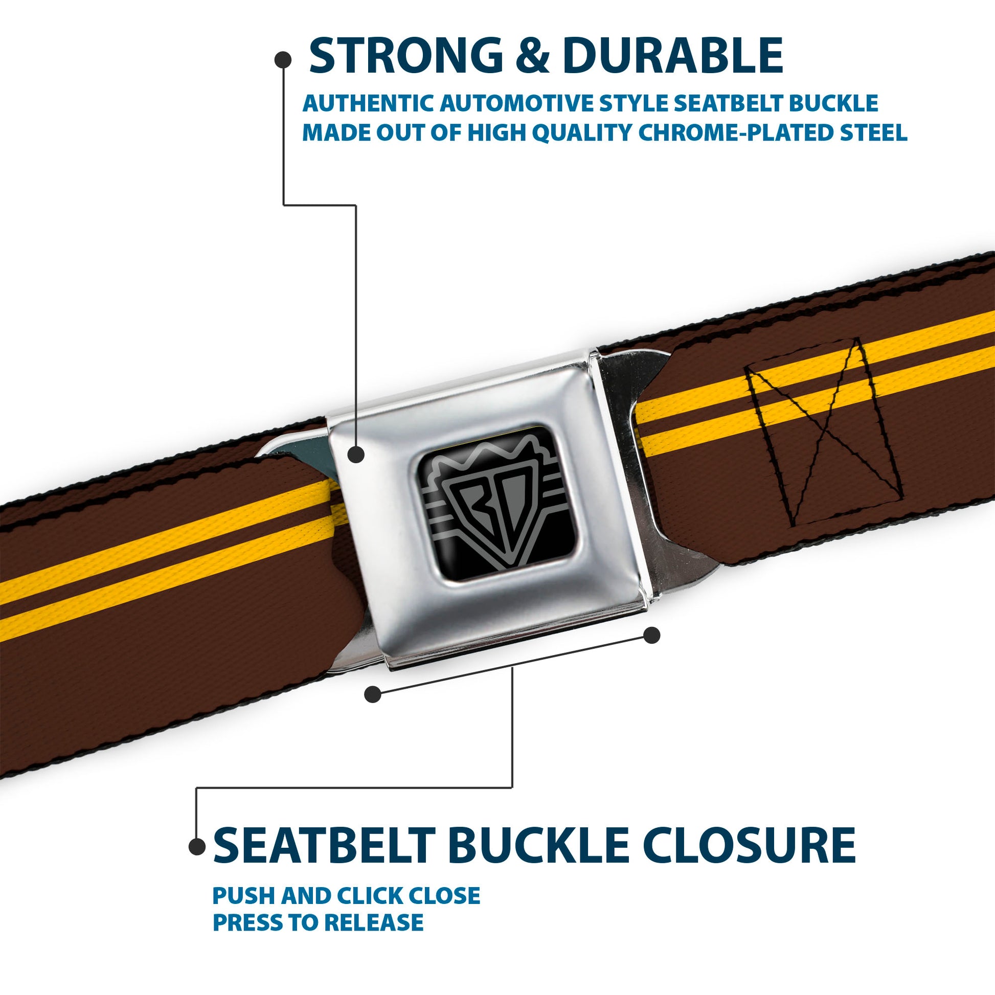 BD Wings Logo CLOSE-UP Full Color Black Silver Seatbelt Belt - Racing Stripe Brown/Gold Webbing Seatbelt Belts Buckle-Down