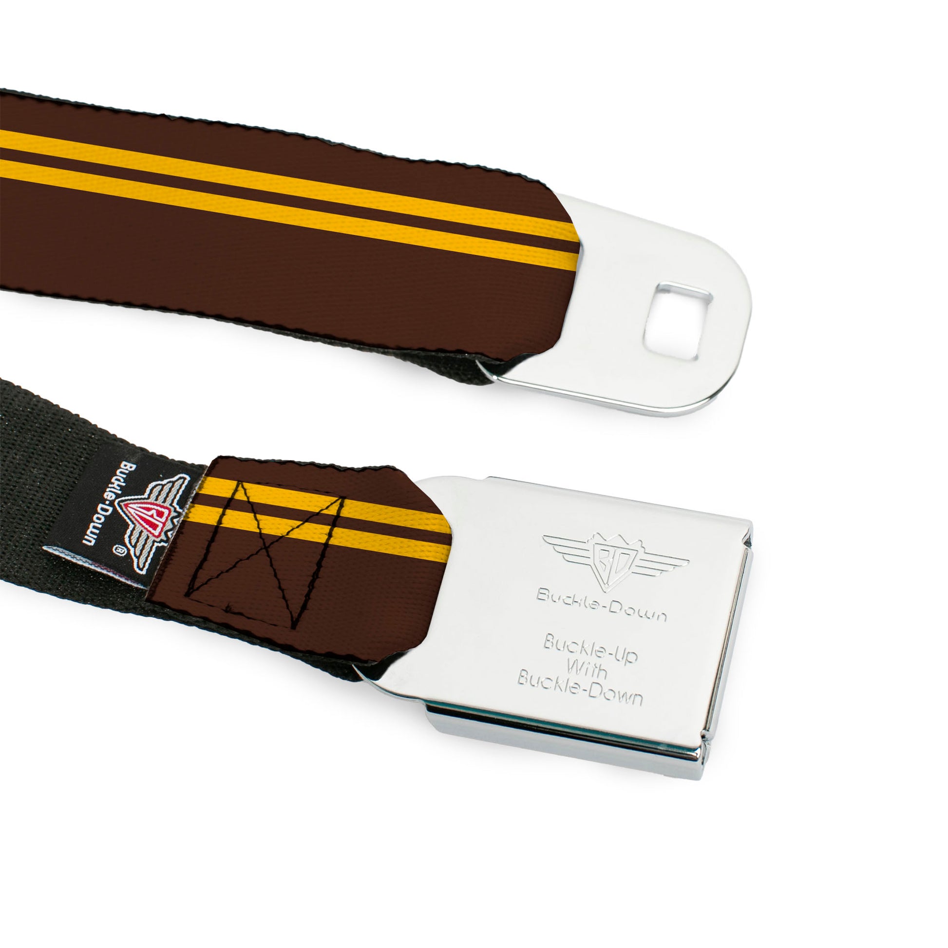 BD Wings Logo CLOSE-UP Full Color Black Silver Seatbelt Belt - Racing Stripe Brown/Gold Webbing Seatbelt Belts Buckle-Down