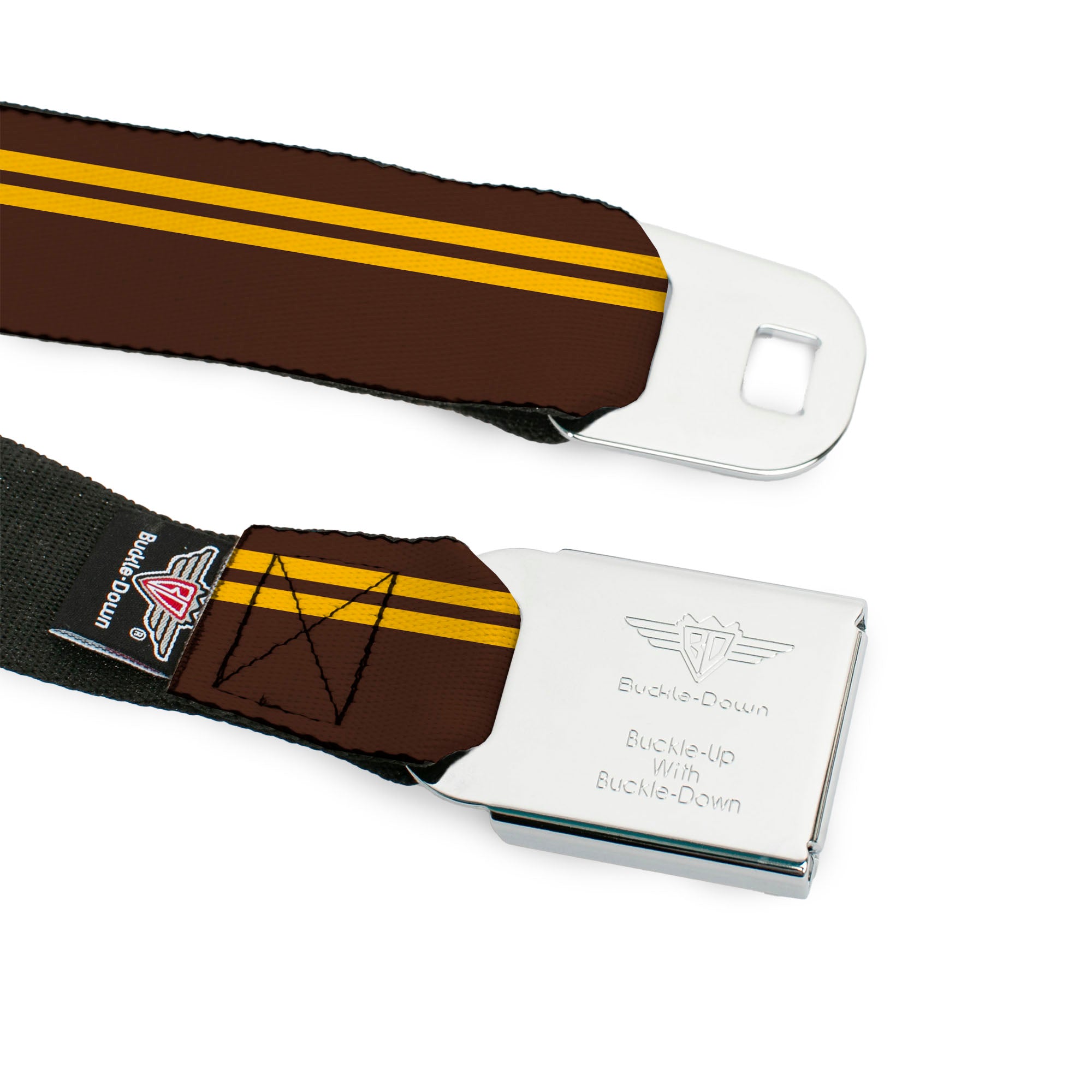 BD Wings Logo CLOSE-UP Full Color Black Silver Seatbelt Belt - Racing Stripe Brown/Gold Webbing Seatbelt Belts Buckle-Down
