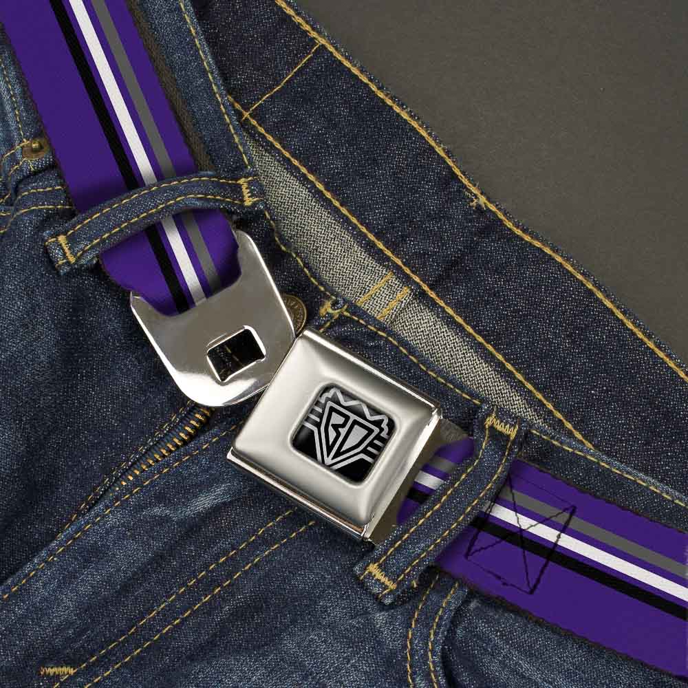 BD Wings Logo CLOSE-UP Full Color Black Silver Seatbelt Belt - Racing Stripes Purple/Gray/White/Black Webbing Seatbelt Belts Buckle-Down