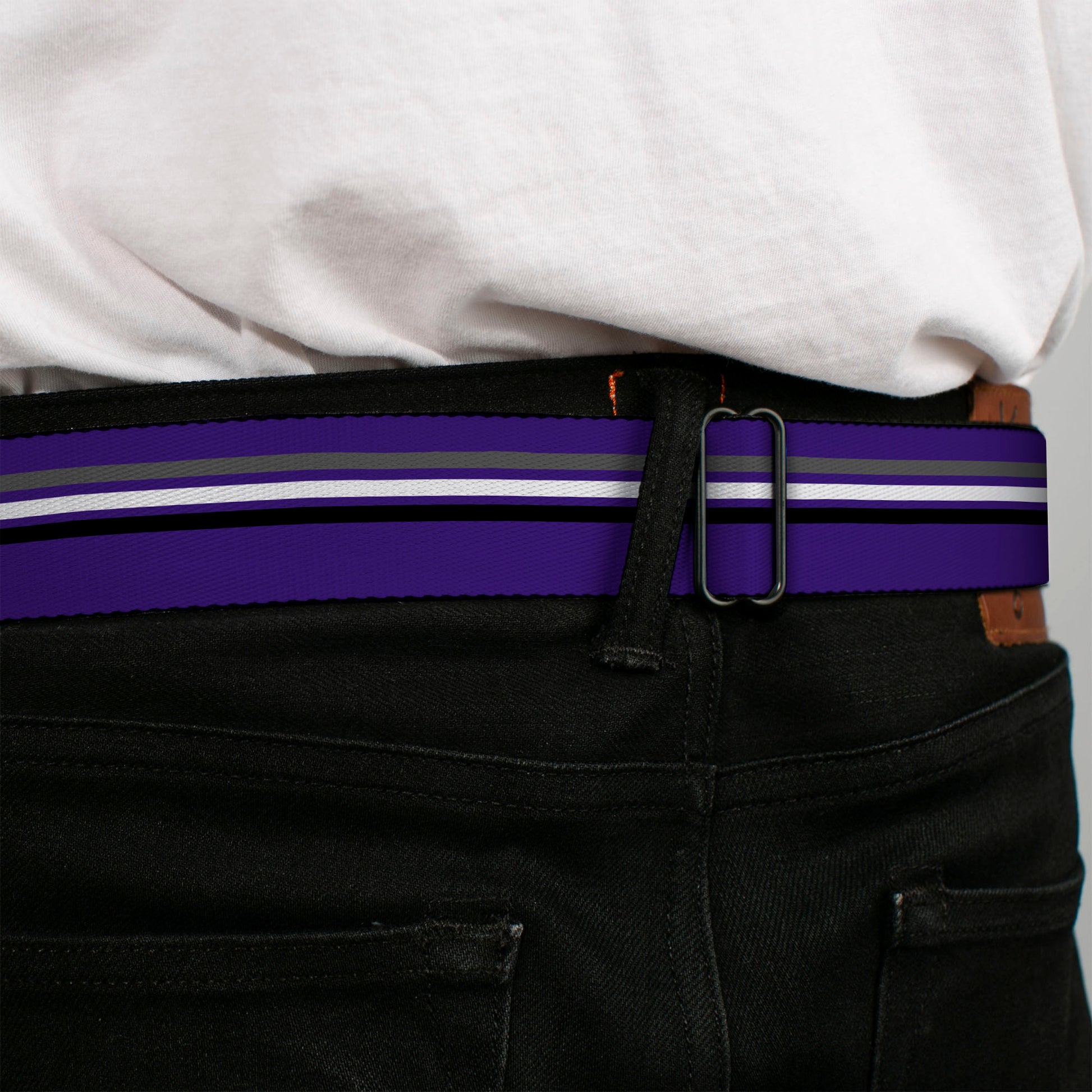 BD Wings Logo CLOSE-UP Full Color Black Silver Seatbelt Belt - Racing Stripes Purple/Gray/White/Black Webbing Seatbelt Belts Buckle-Down