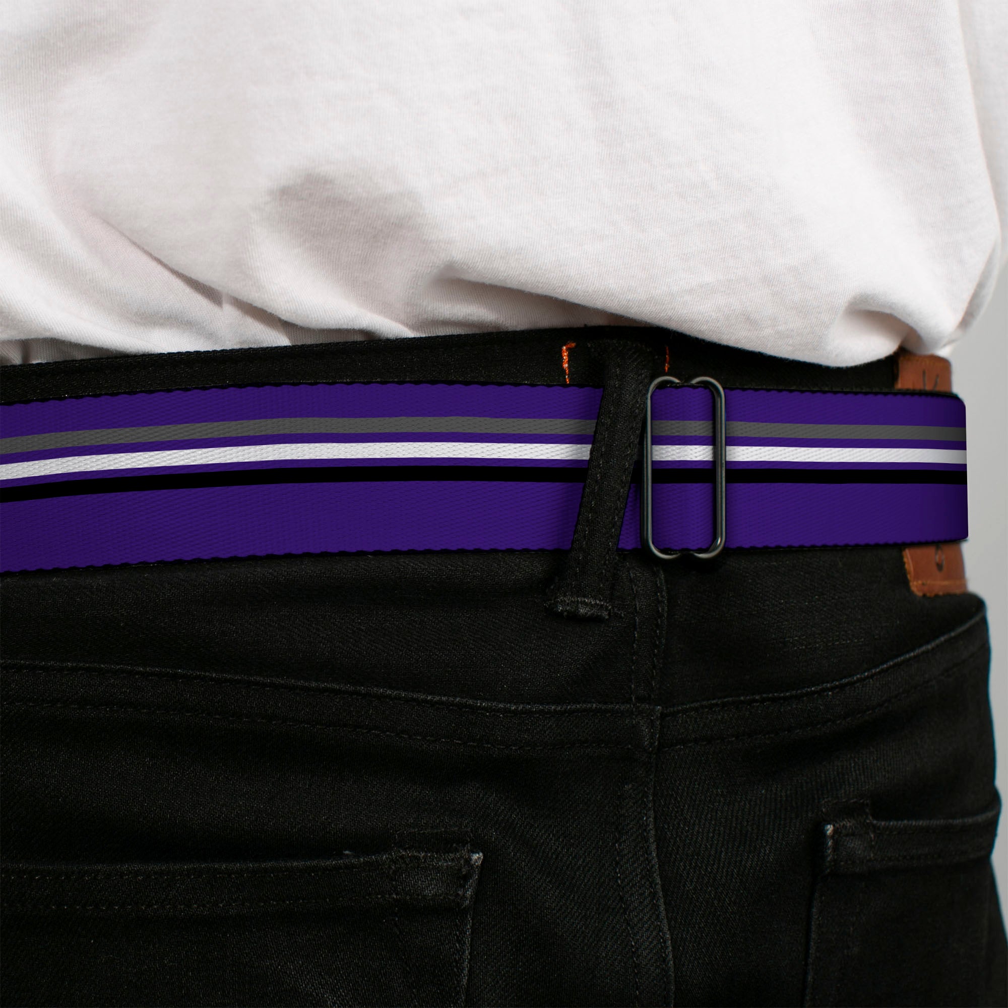 BD Wings Logo CLOSE-UP Full Color Black Silver Seatbelt Belt - Racing Stripes Purple/Gray/White/Black Webbing Seatbelt Belts Buckle-Down