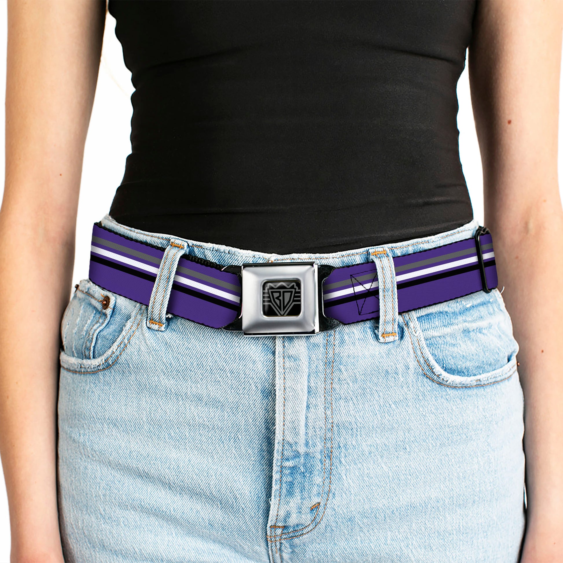 BD Wings Logo CLOSE-UP Full Color Black Silver Seatbelt Belt - Racing Stripes Purple/Gray/White/Black Webbing Seatbelt Belts Buckle-Down
