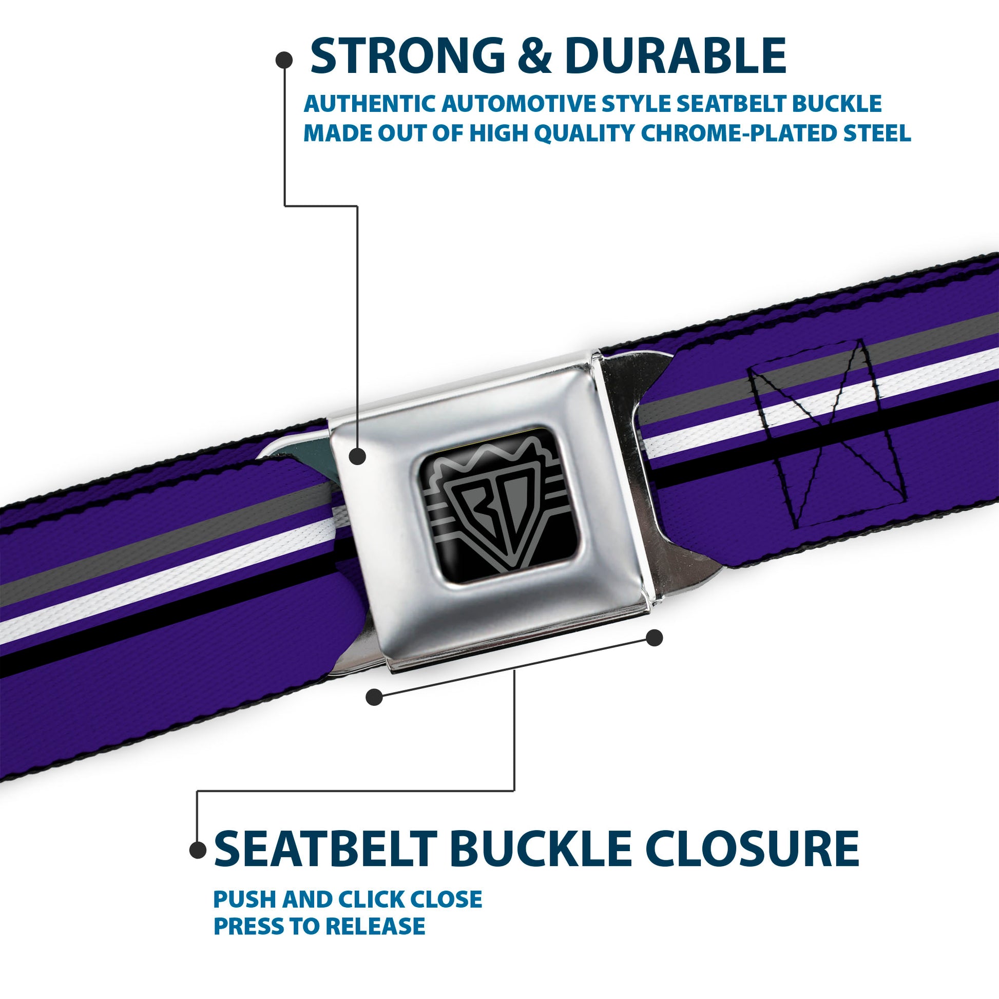 BD Wings Logo CLOSE-UP Full Color Black Silver Seatbelt Belt - Racing Stripes Purple/Gray/White/Black Webbing Seatbelt Belts Buckle-Down
