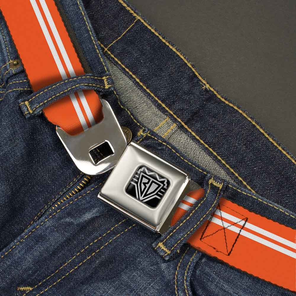BD Wings Logo CLOSE-UP Full Color Black Silver Seatbelt Belt - Racing Stripe Orange/White Webbing Seatbelt Belts Buckle-Down