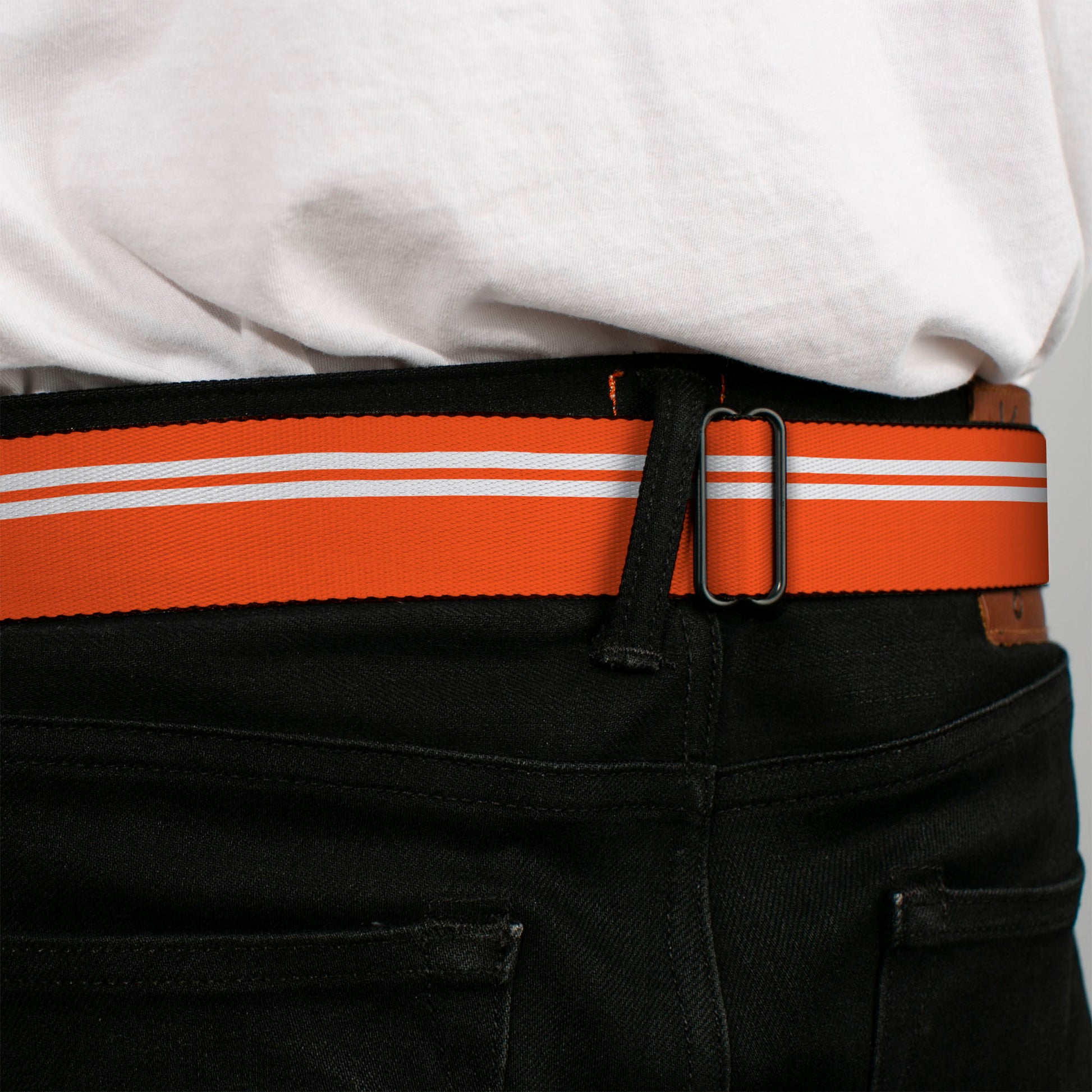 BD Wings Logo CLOSE-UP Full Color Black Silver Seatbelt Belt - Racing Stripe Orange/White Webbing Seatbelt Belts Buckle-Down