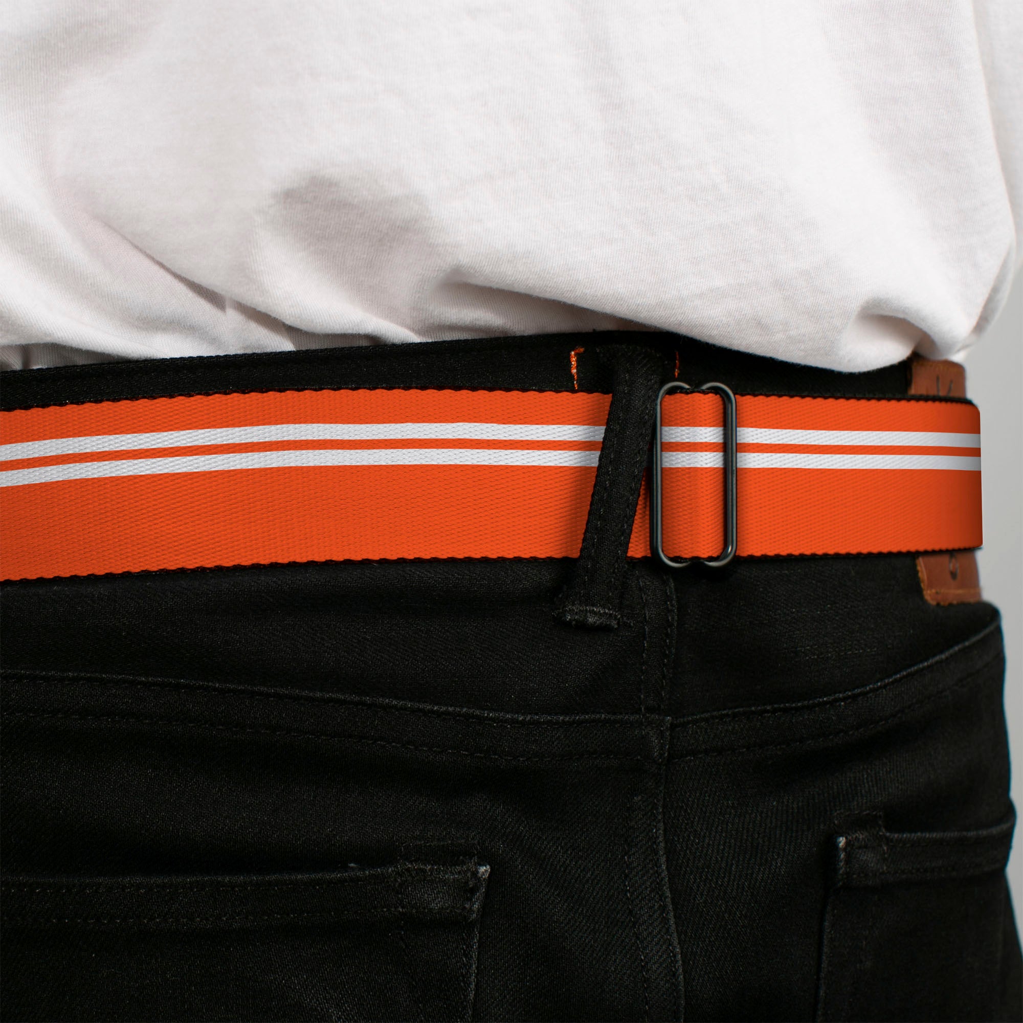 BD Wings Logo CLOSE-UP Full Color Black Silver Seatbelt Belt - Racing Stripe Orange/White Webbing Seatbelt Belts Buckle-Down