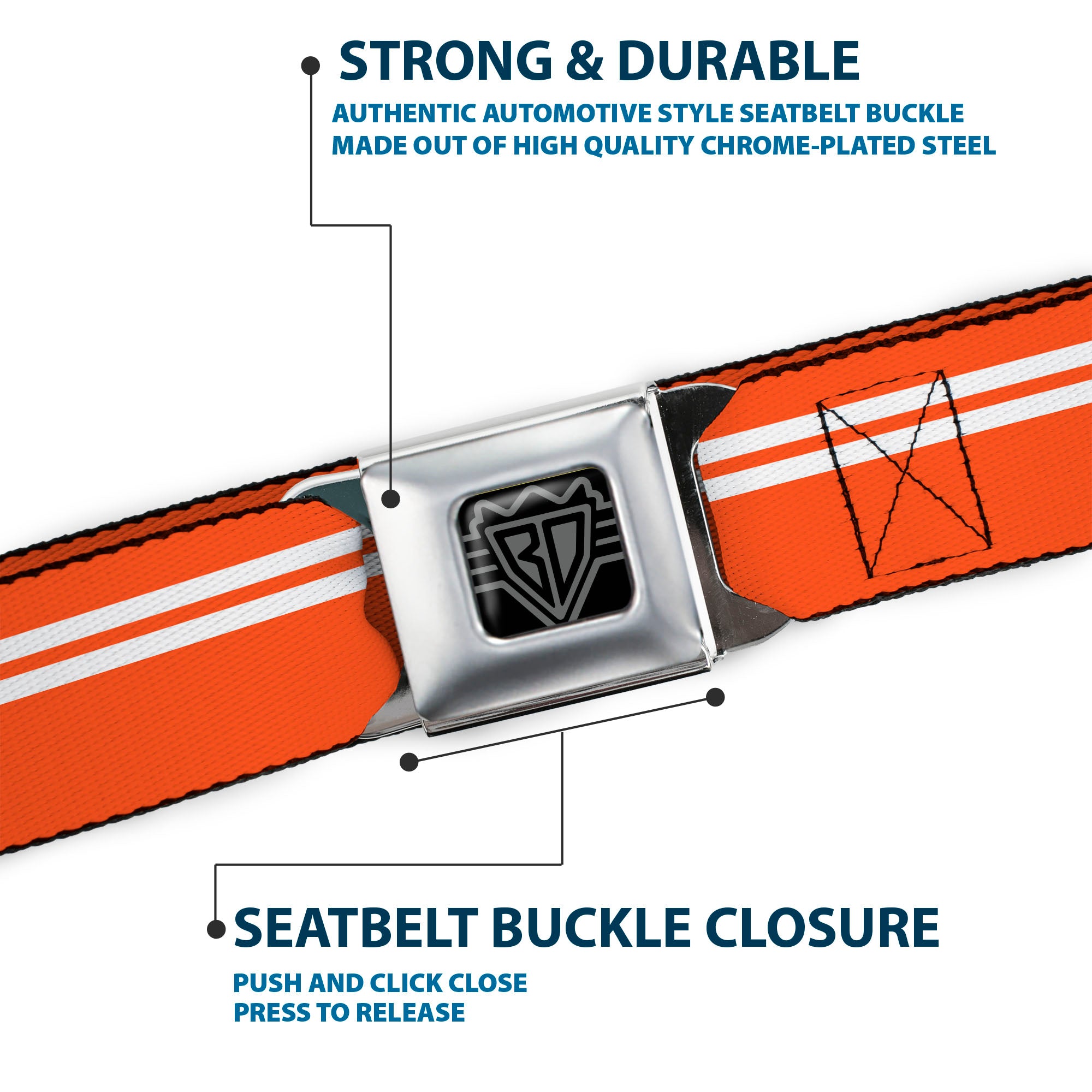 BD Wings Logo CLOSE-UP Full Color Black Silver Seatbelt Belt - Racing Stripe Orange/White Webbing Seatbelt Belts Buckle-Down