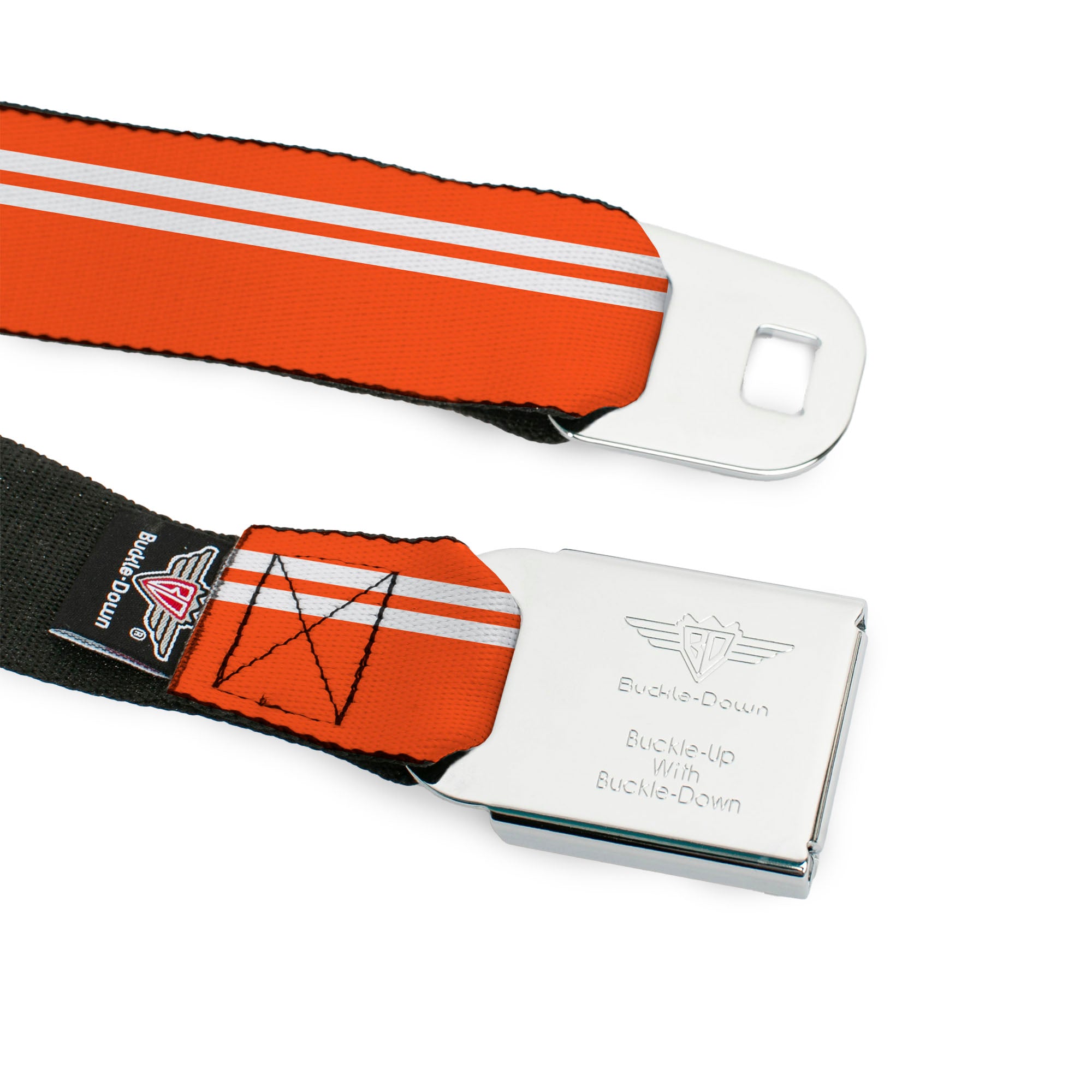 BD Wings Logo CLOSE-UP Full Color Black Silver Seatbelt Belt - Racing Stripe Orange/White Webbing Seatbelt Belts Buckle-Down